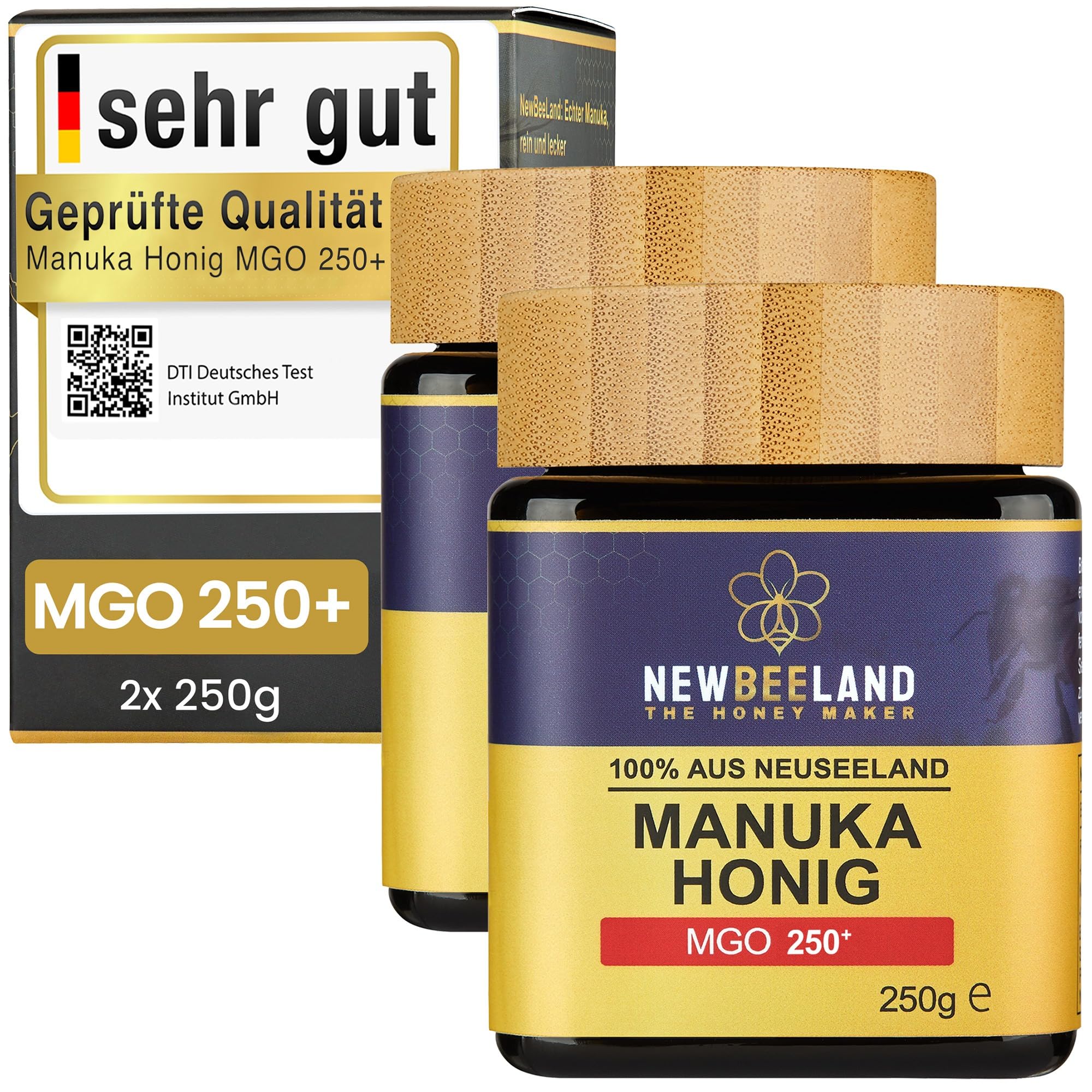 NEWBEELAND Manuka Honig MGO 250+ Direktimport aus Neuseeland 2X250g (500g) | chargengeprüfter Methylglyoxal-Gehalt (MGO), Cremig-zähflüssige Textur, herber & kräftiger Geschmack, lichtgeschütztes Glas