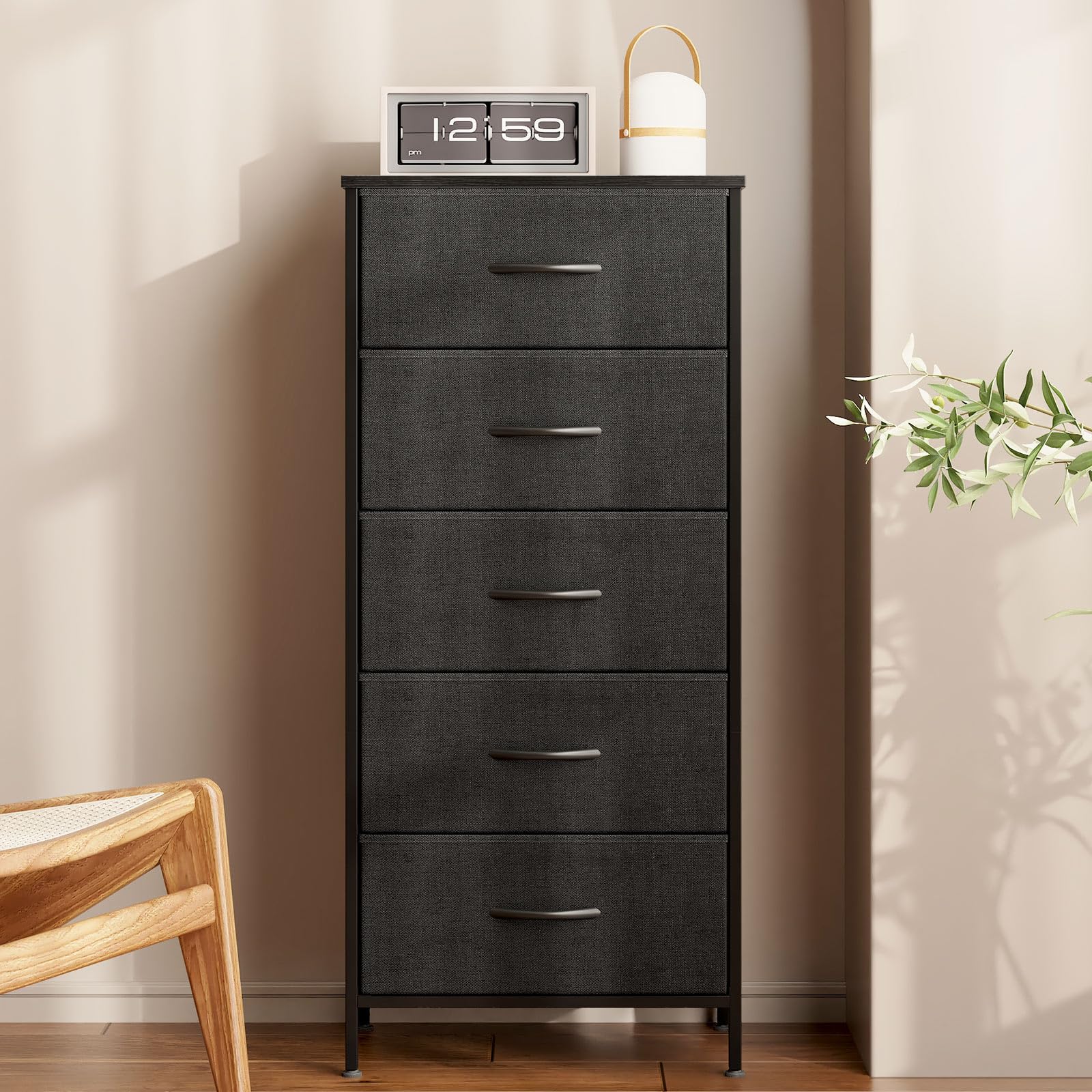 AODK Dresser for Bedroom with 5 Storage Drawers, 40" Small Dressers Chest of Drawers Fabric Dresser with Sturdy Steel Frame, Black