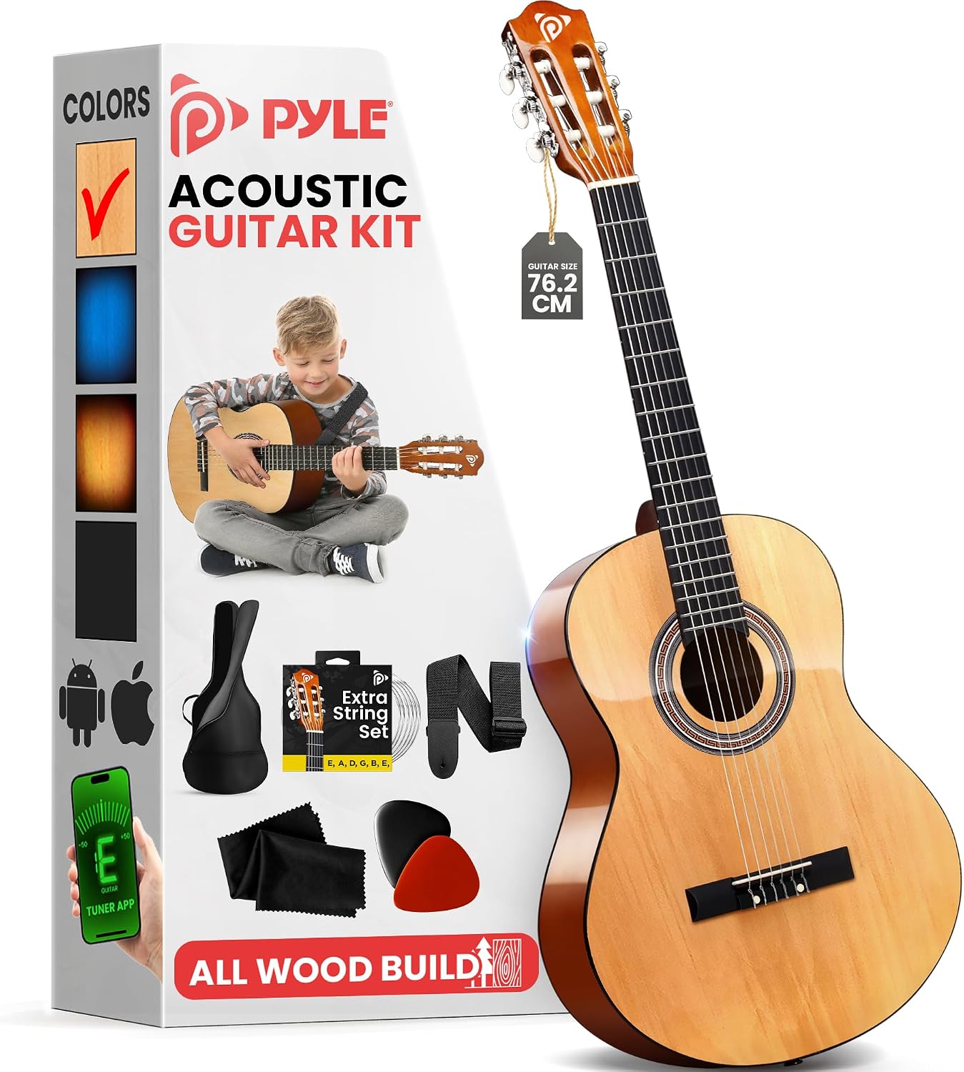 Pyle 30" Beginner Classical Acoustic Guitar - 6 String Junior Guitar with Case, Strap, Tuner, Picks, Nylon Strings, Linden Wood Body & Wooden Fretboard - Ideal for Kids & Beginners