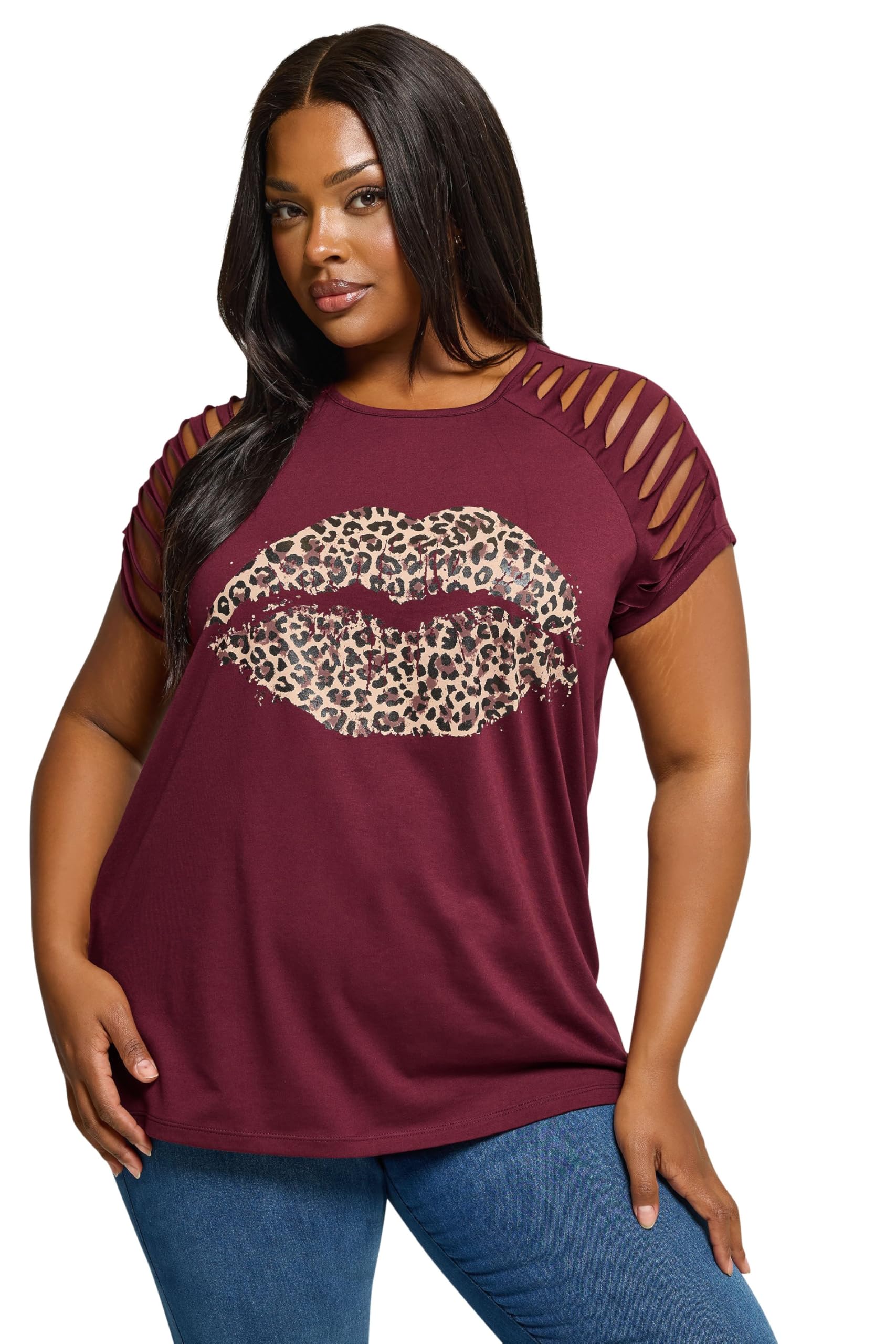 Yours Curve Leopard Print Lips Laser Cut T-Shirt - Women's - Plus Size Curve Red