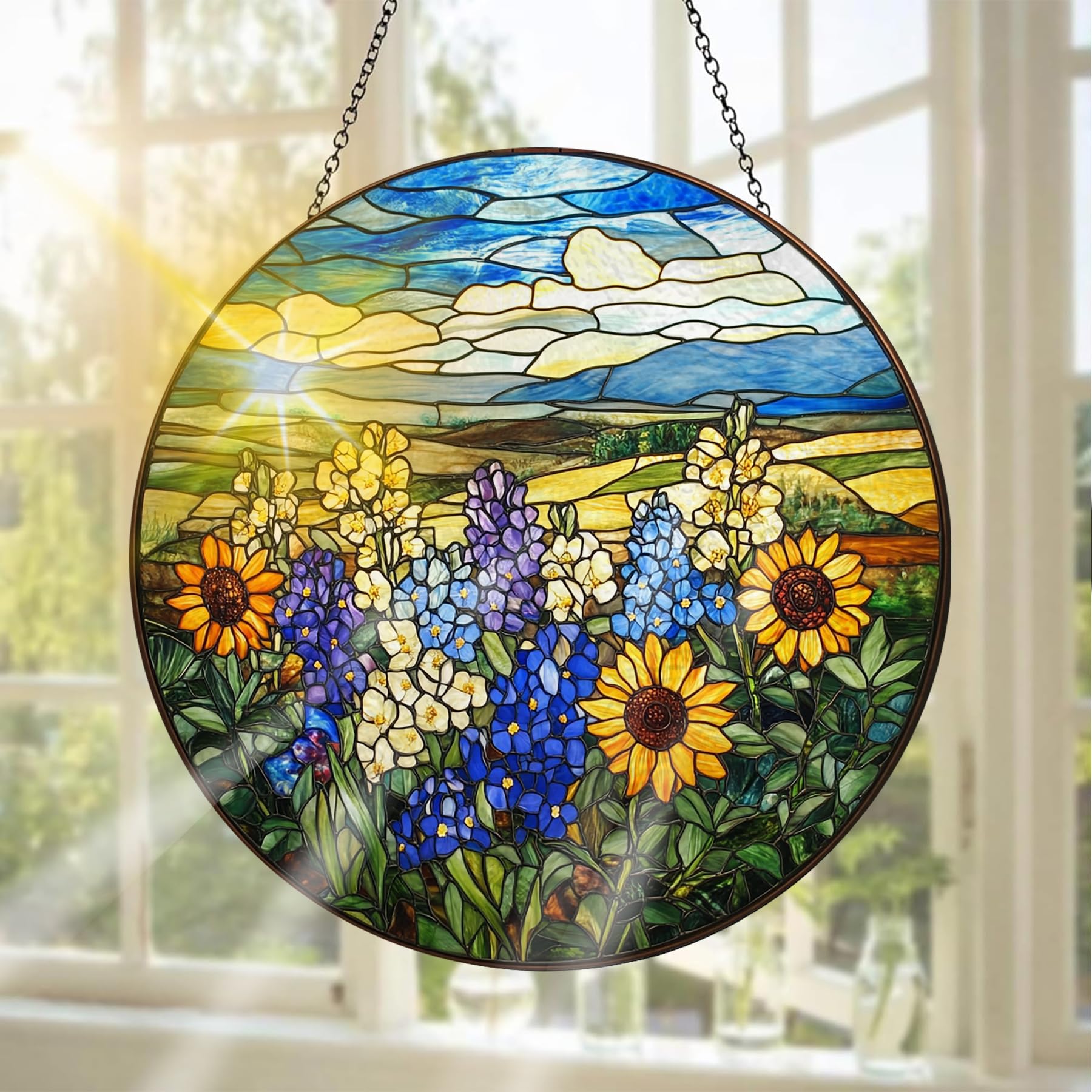 Pavemlo Landscape Suncatcher Indoor Stained Glass Window Hanging - Outdoor Window Hanging Decoration - Sun Catcher Home Decor Mother's Day Birthday Gifts for Women, Men Mom 20x20 cm