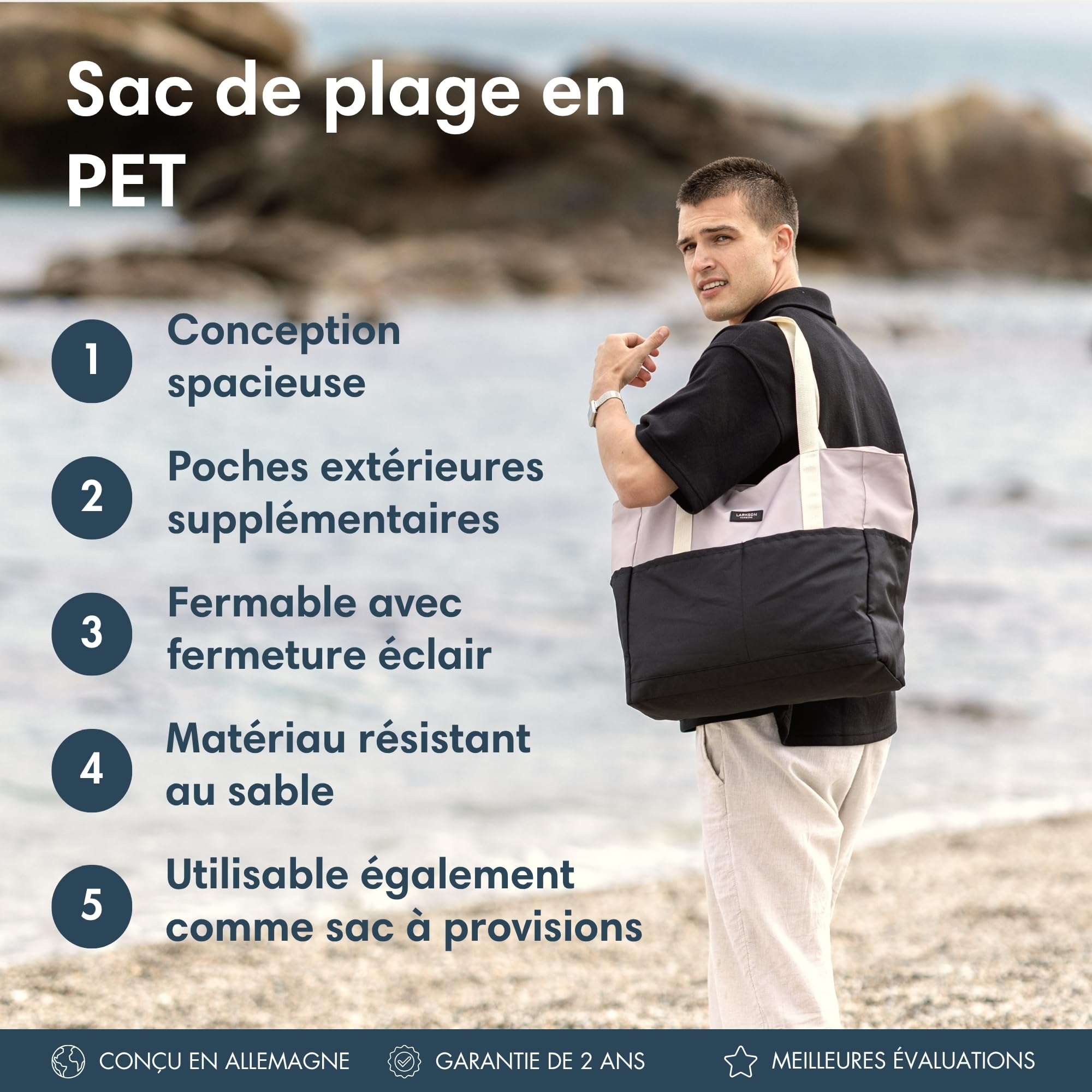 LARKSON Cabas Femme Homme - Linn - Sac de Plage Grand Format Pour Vacances, Sport, Voyage - Sac Fourre Tout avec Fermeture Éclair - Tote Bag