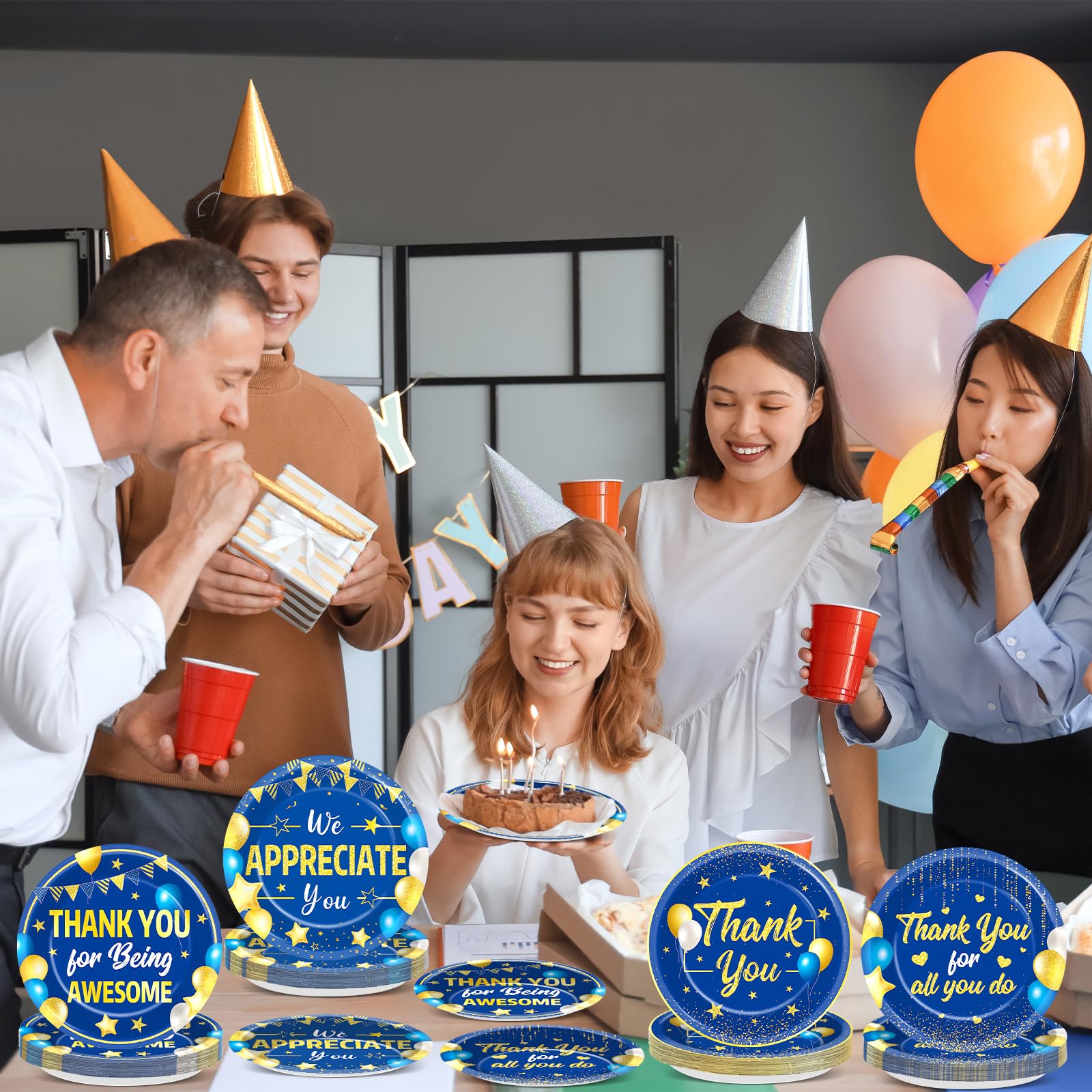 48 platos de papel dorados azules con texto en inglés «We Appreciate You», suministros para fiestas de agradecimiento, vajilla de agradecimiento, platos desechables para profesores, empleados, médicos
