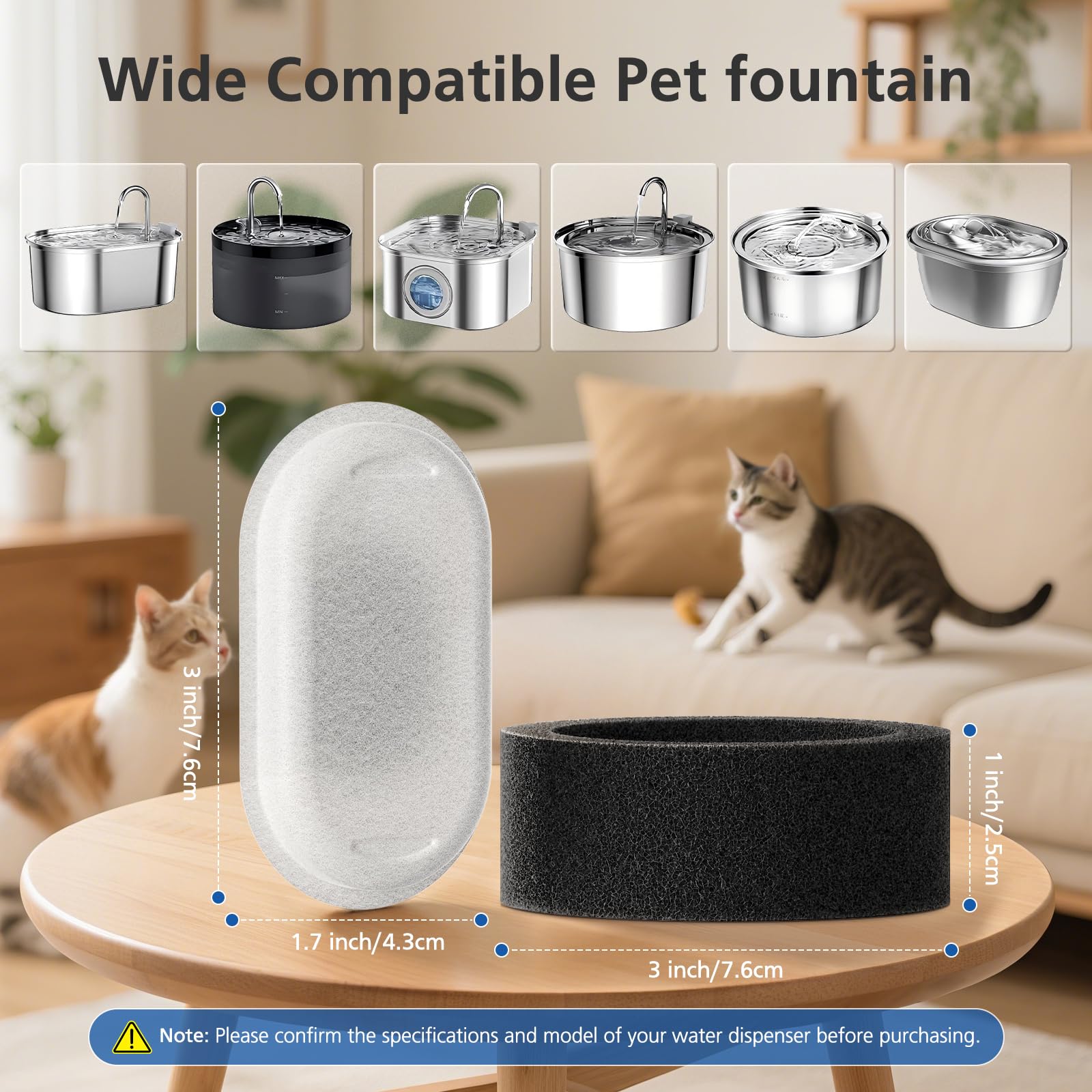 50 Pack Cat Water Fountain Filters for 108 3 2L 67oz 2L Stainless Steel Pet Water Dispenser Cat — view 3