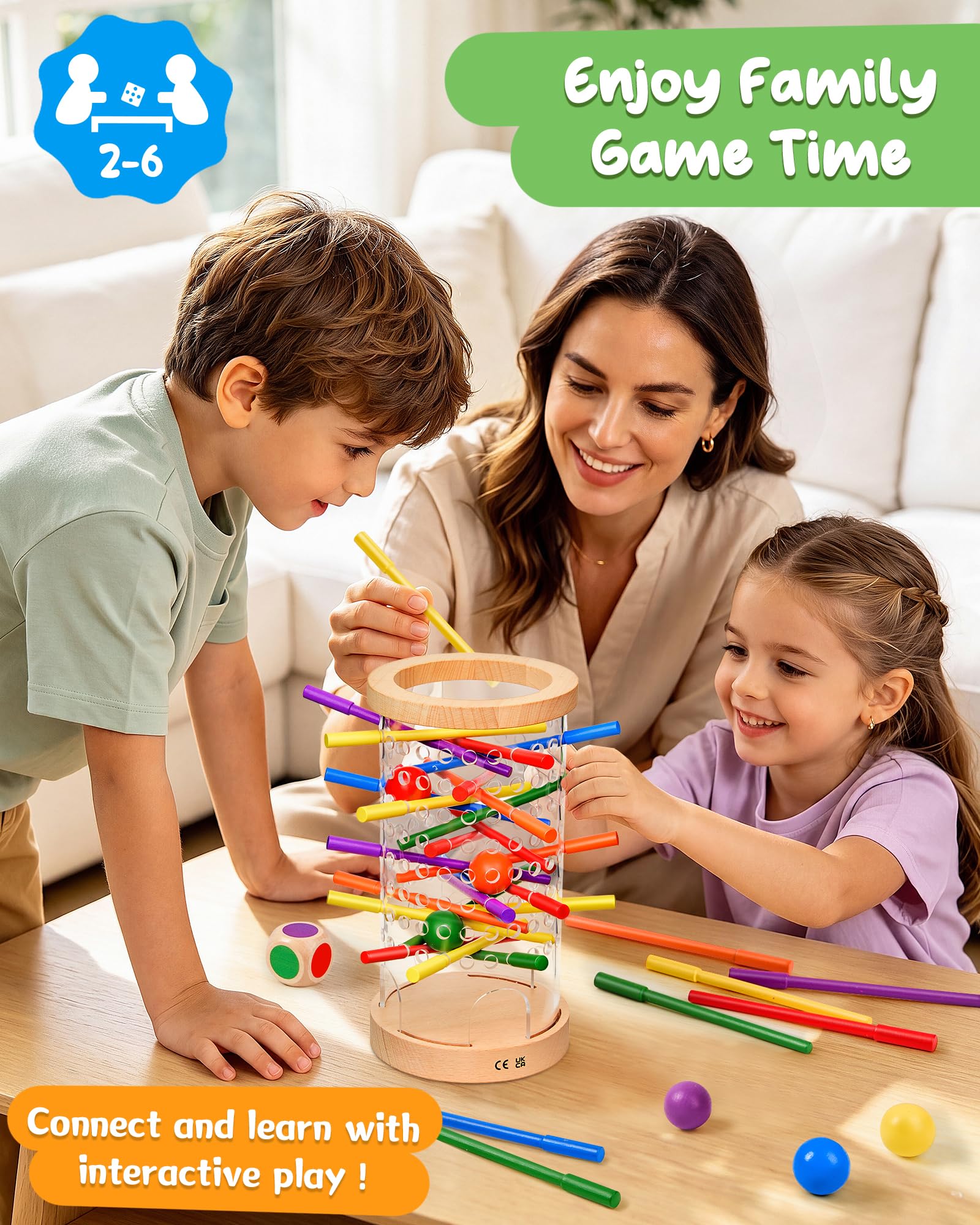 Montessori Holz Brettspiel ab 3–6 Jahre mit Ball & Antirutsch-Stäbchen | Antirutsch-Stäbchen, Transparenter Turm, Lernspielzeug für Motorik & Konzentration, Geschenk, Kompakt & tragbar für unterwegs