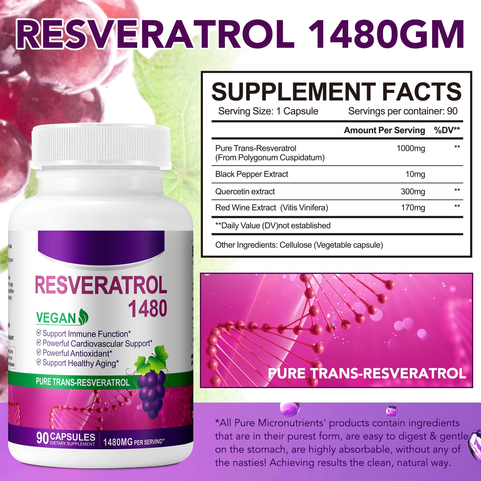 1480mg Resveratrol Kapseln, 1000mg Trans-Resveratrol mit Quercetin 300mg für Herz, Haut und Anti-Aging-Antioxidans I 90 Kapseln