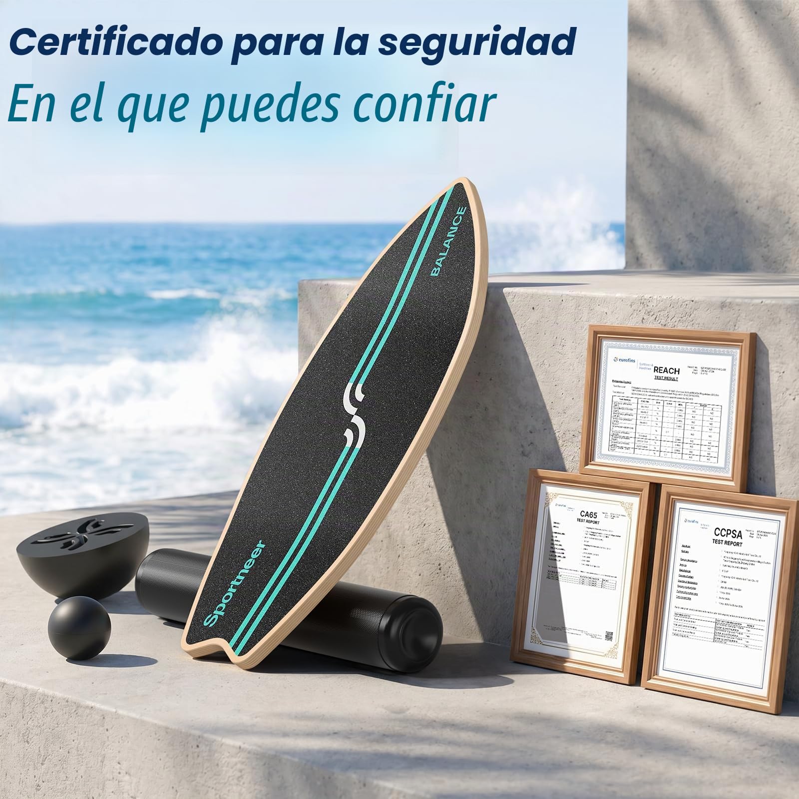Sportneer Surfin - Tabla de equilibrio para adultos 8 en 1 – Entrenador de equilibrio con rodillo, pelota de goma y semiesfera, tabla de equilibrio de madera para entrenamiento de núcleo, surf, esquí