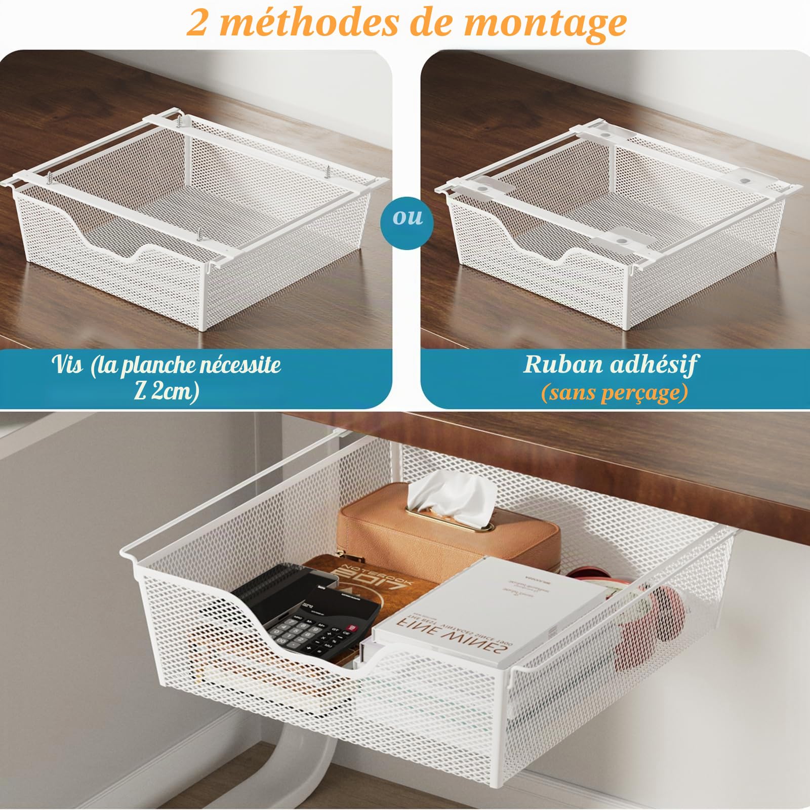 2 Pack Tiroir Sous Bureau Autoadhésif Rangement Tiroir Bureau Grille Blanc | Tiroir Coulissant Rangement Sous Bureau Métal avec 2 Vis, Tiroir Rangement Autoadhésif pour Bureau Chambre Cuisine