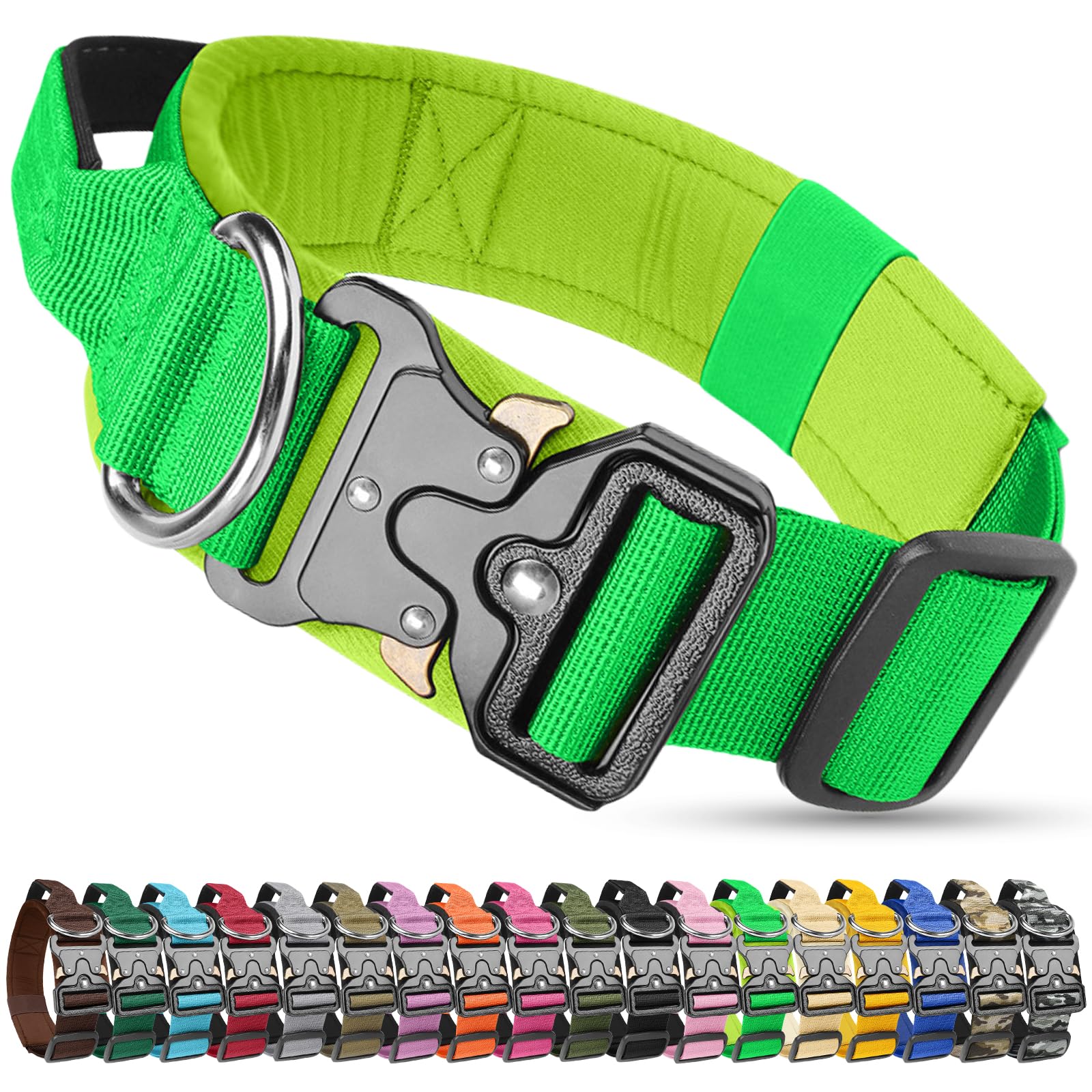 Olcyren Tactical Dog Collar, Military Nylon Adjustable Dog Collar with Handle, Heavy Duty Wide Thick Pet Collars with Quick Release Metal Buckle for Medium Large Dogs Training (Fluorescent Green, L)