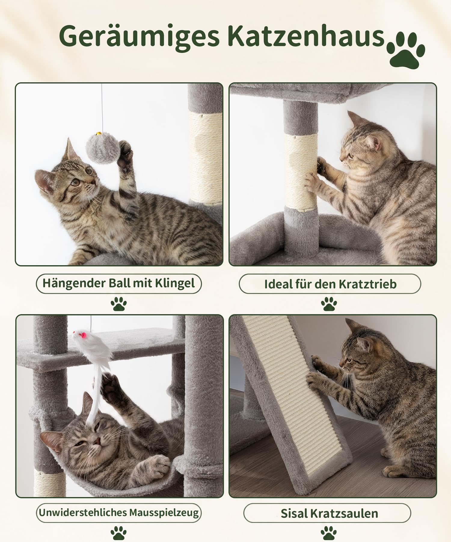 Kratzbaum, 210 cm hoch, Katzenbaum für große Katzen | Kratzbaum Groß, XXL Mehrstöckiger Katzenkratzbaum mit 2 großen Höhlen, 2 Plattformen, Kratzbrett, Hängematte, Sisal Kratzbaum
