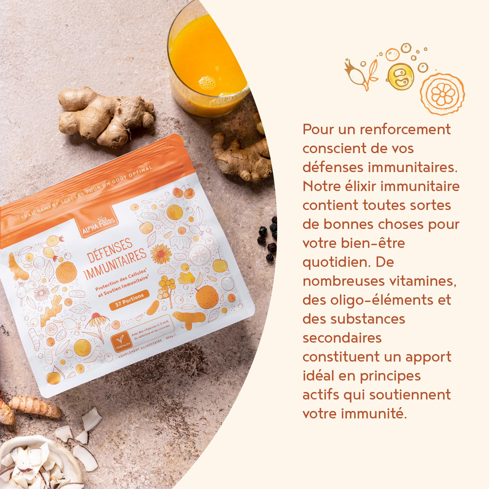 Défenses Immunitaires en Poudre | 450 g | avec Vitamine C, D et K2, Quercétine, Camu, Curcuma, Gingembre, Sélénium, Zinc et NAC | Soutien du Système Immunitaire | Alpha Foods