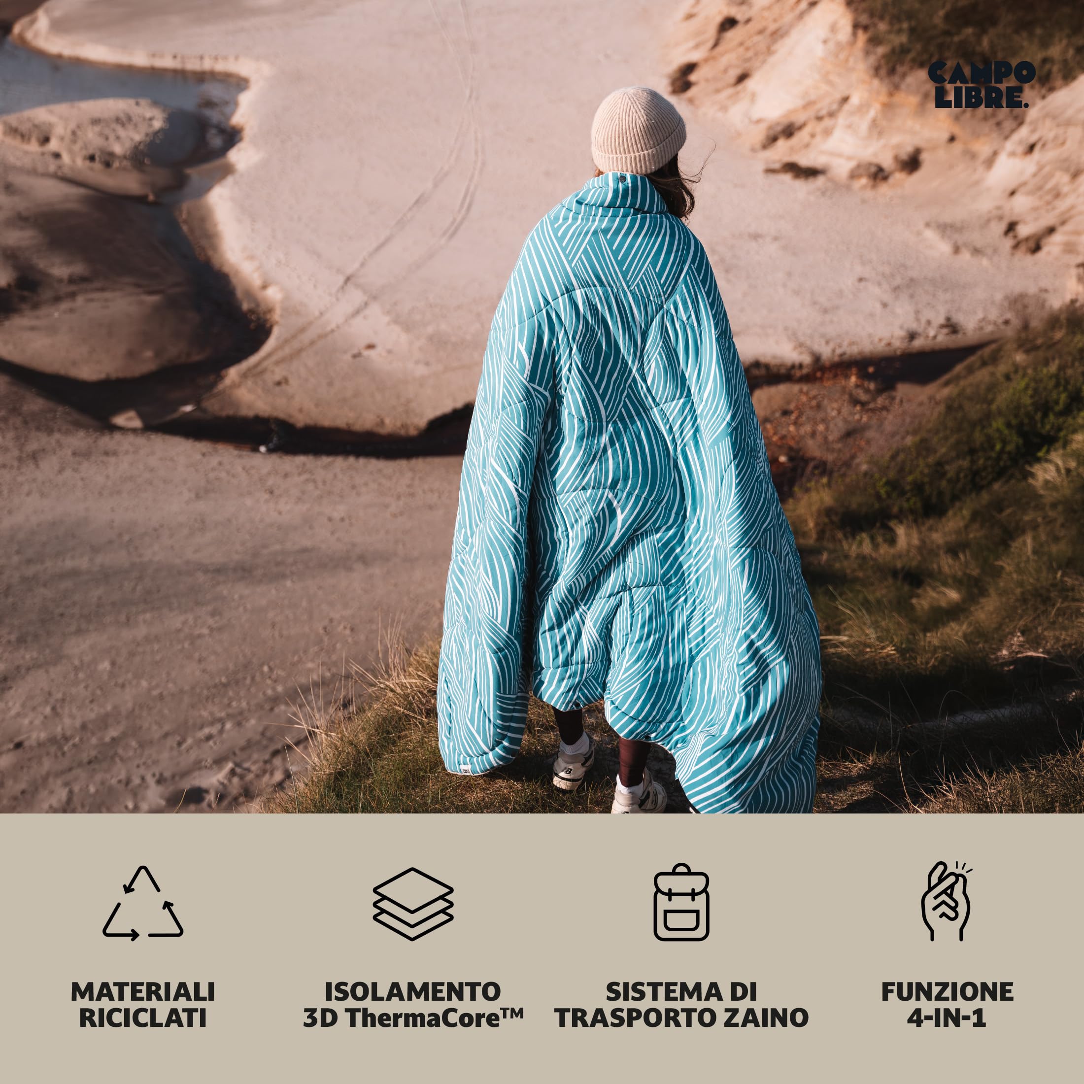 Campo Libre.® WANDA Coperta da Campeggio 4-in-1 – Coperta da Viaggio Multifunzionale, Sacco a Pelo, Cuscino e Poncho, Coperta Termica Outdoor Leggera con Morbido Pile Sherpa. Blu Laguna