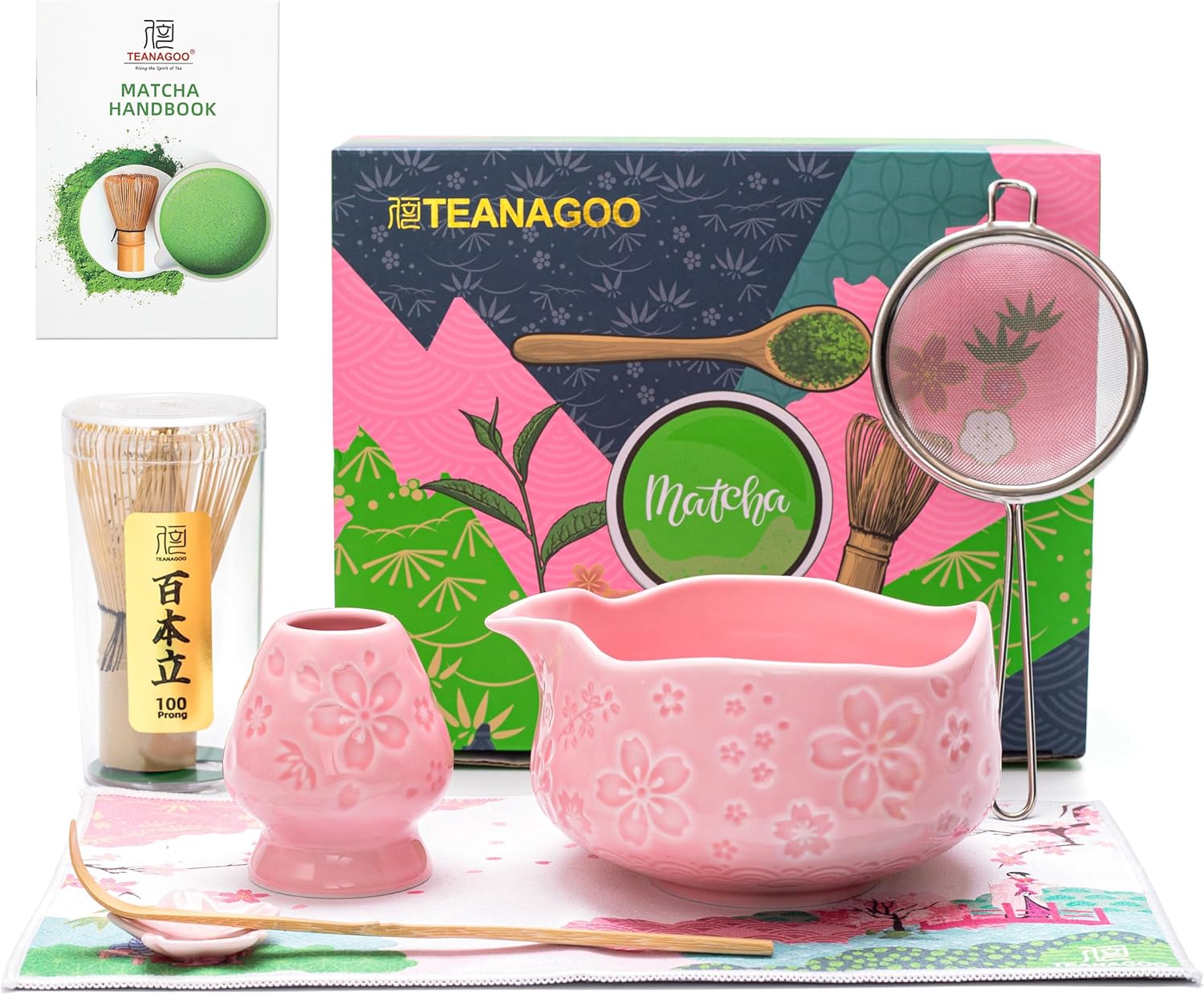 TEANAGOO 7-Pcs Pink Matcha Whisk Set with Cherry Blossom Design