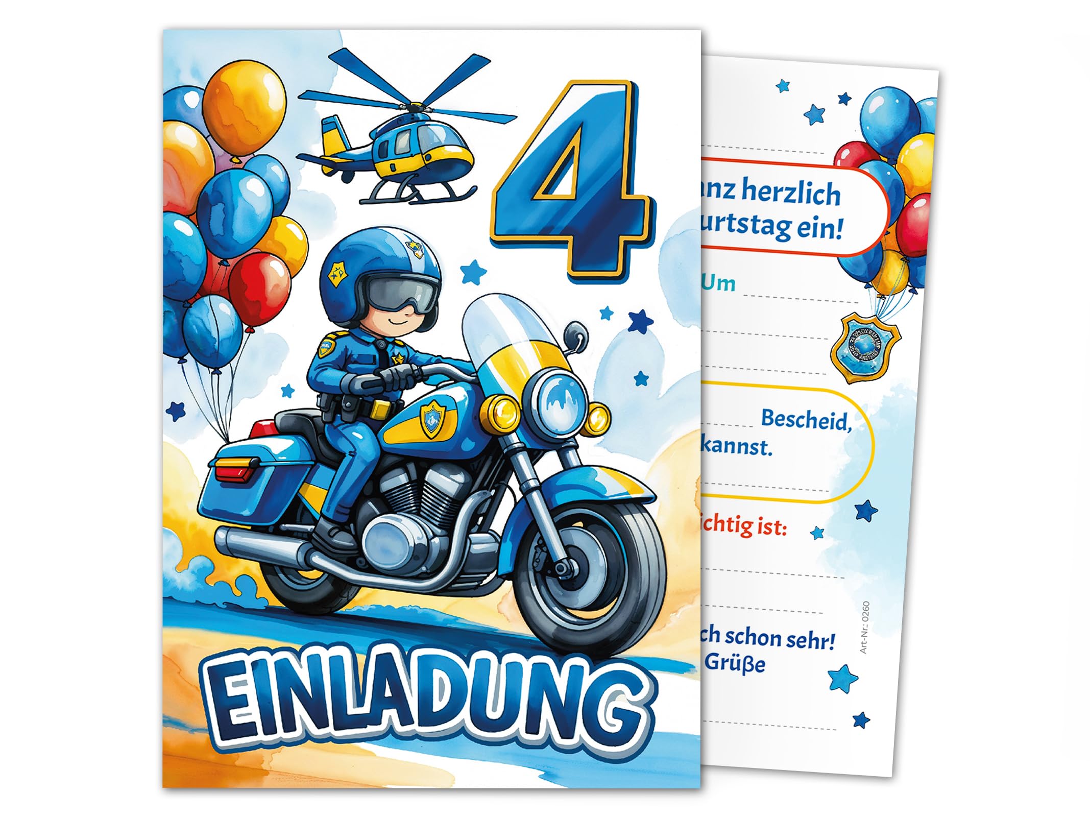 Junaversum 8 Einladungskarten zum 4. Kindergeburtstag Jungen Polizei Junge Kinder coole bunte Einladungen vierte Geburtstag Geburtstagseinladungen Kids
