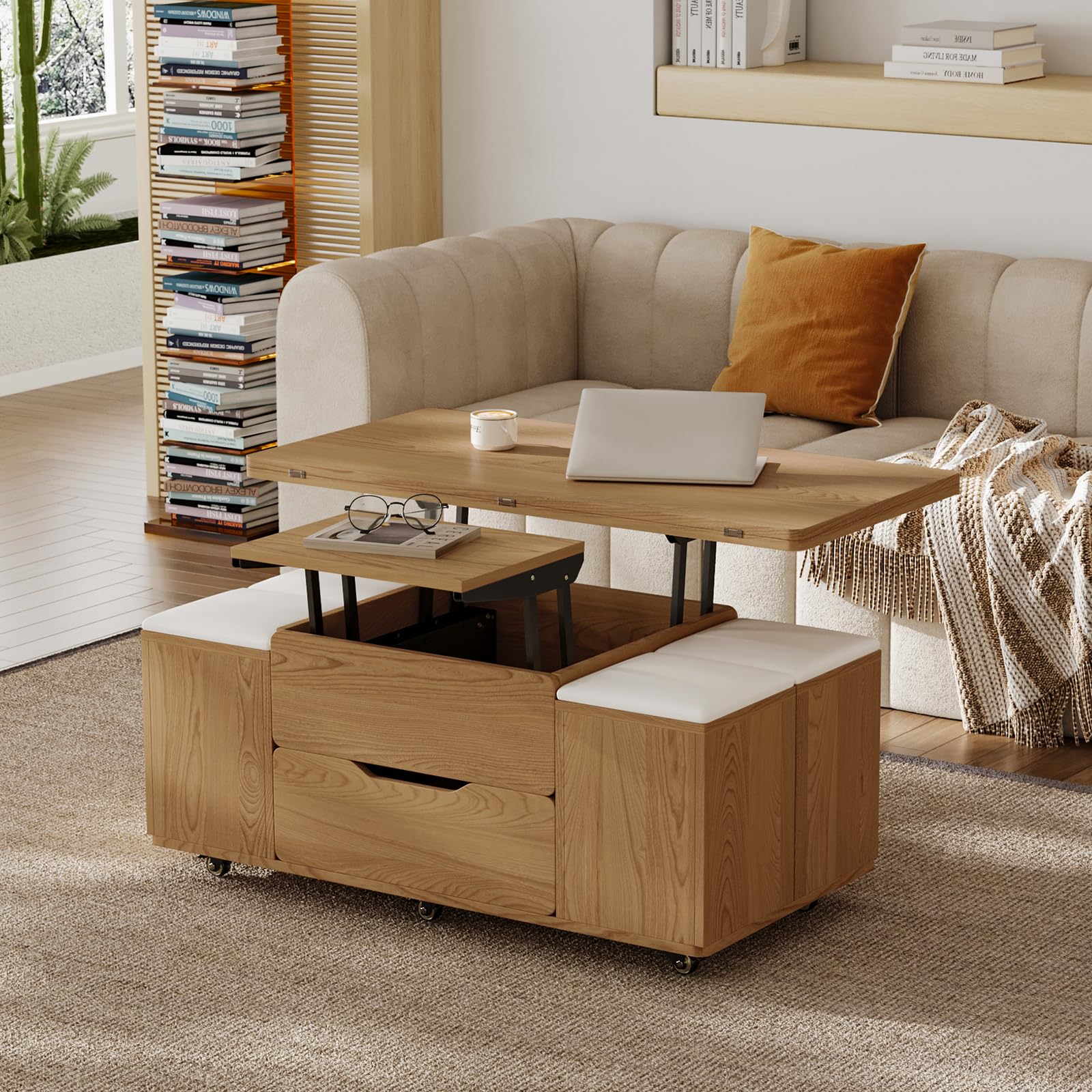 Homary Table Basse Relevable en Bois avec 4 Chaises Cachées Moelleuses, Tournante Hydraulique, Mode Bureau Salle à Manger, Rangement Intégré, Meuble Moderne Multi-Fonction Claire