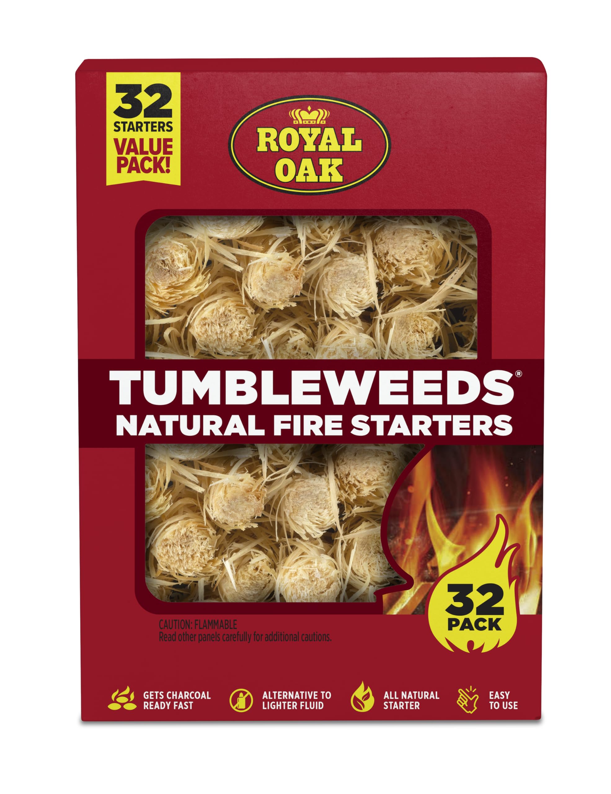 Royal Oak Tumbleweeds All Natural Fire Starter Charcoal Firestarter for Grilling, BBQ, Wood Stoves, Campfires, No Odor and Water Resistant, 32 Count