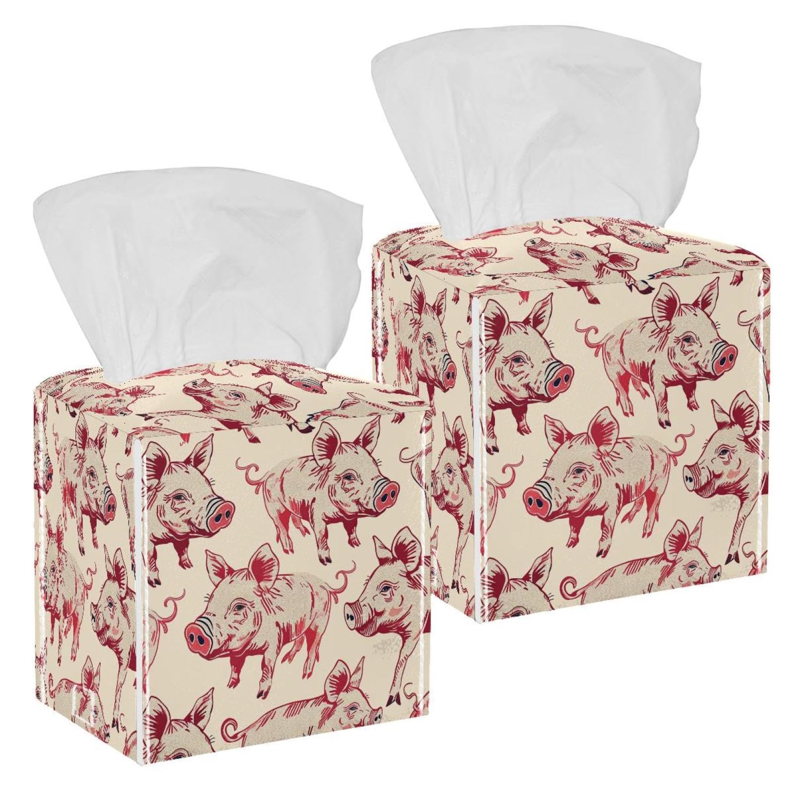 Pig Pattern Tissue Box Cover, 2 Pack PU Leather Square Facial Tissue Dispenser Box holder for Home Office Car