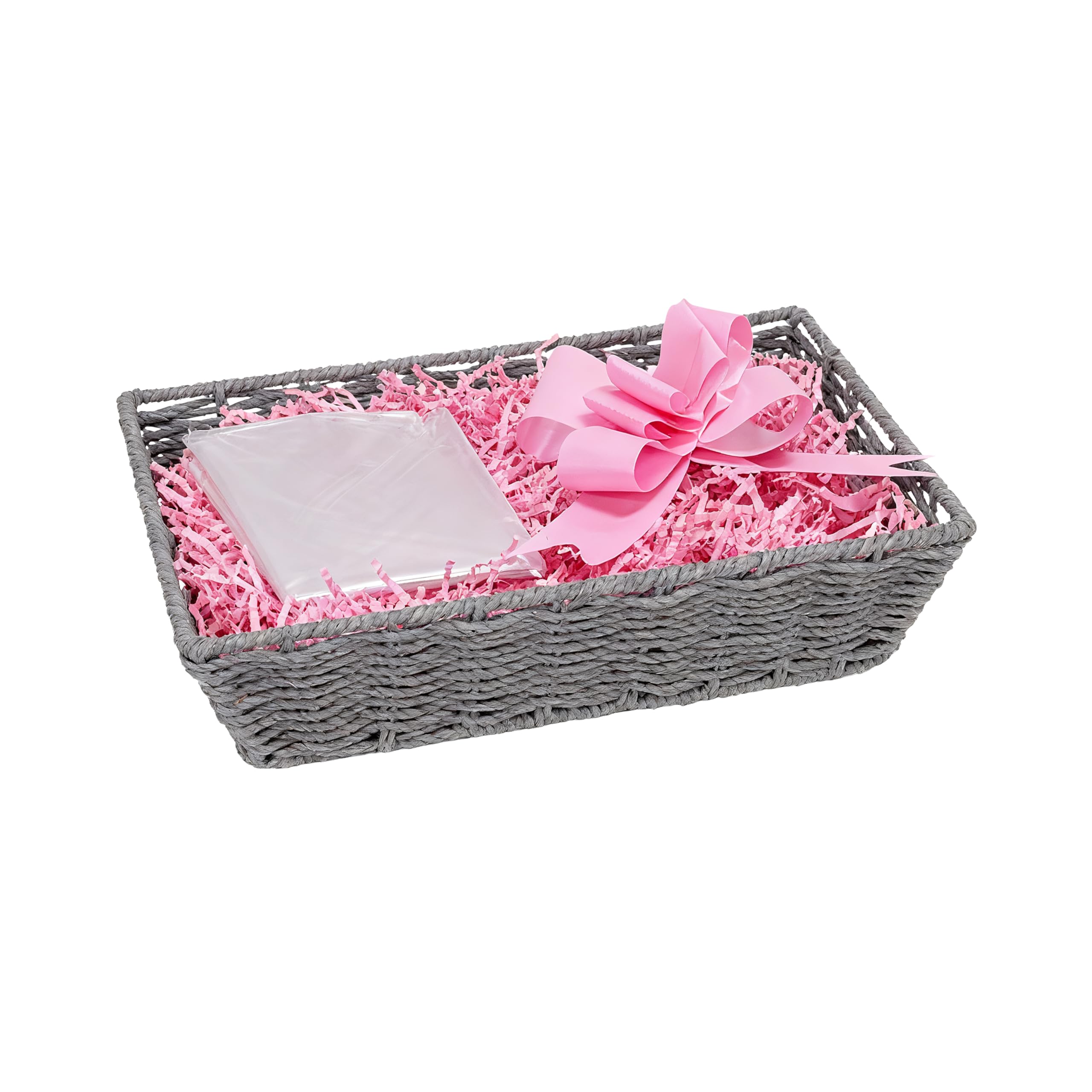 Wickerfield Gift Hamper Basket Kit with Shredded Paper, Make Your Own Gift Hamper, Paper Rope Storage Organiser, Woven Wicker Basket (Grey Basket, Pink Filling)