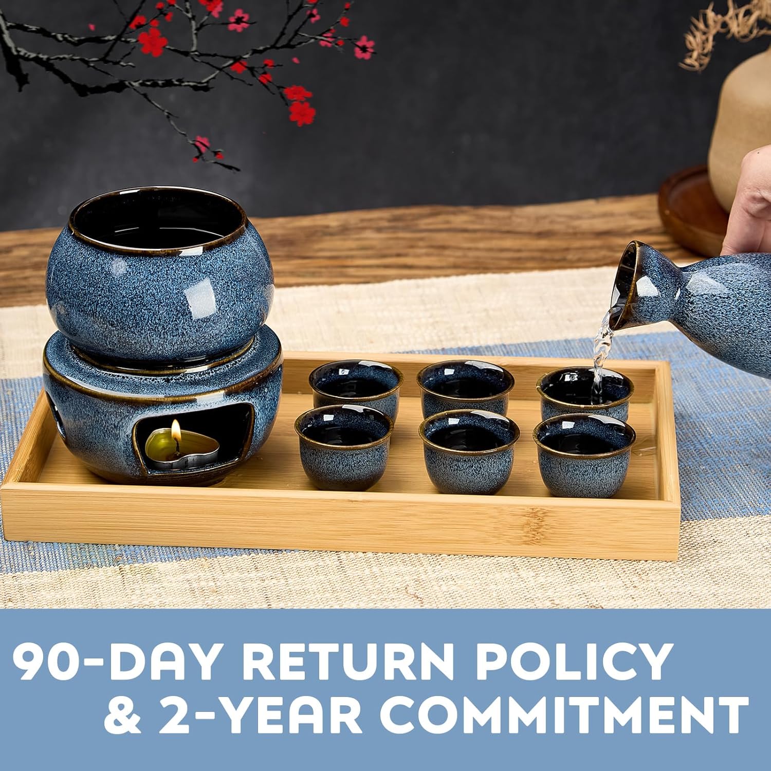 DUJUST 10 pcs Japanese Sake Set with Warmer for 6, Kiln Altered Glaze Porcelain Sake Set, 6 Sake Cups, 1 Sake Bottle, 1 Warmer, 1 Candle Stove, 1 Tray & 1 Box, Warm Sake Carafe, Japanese Gifts - Blue