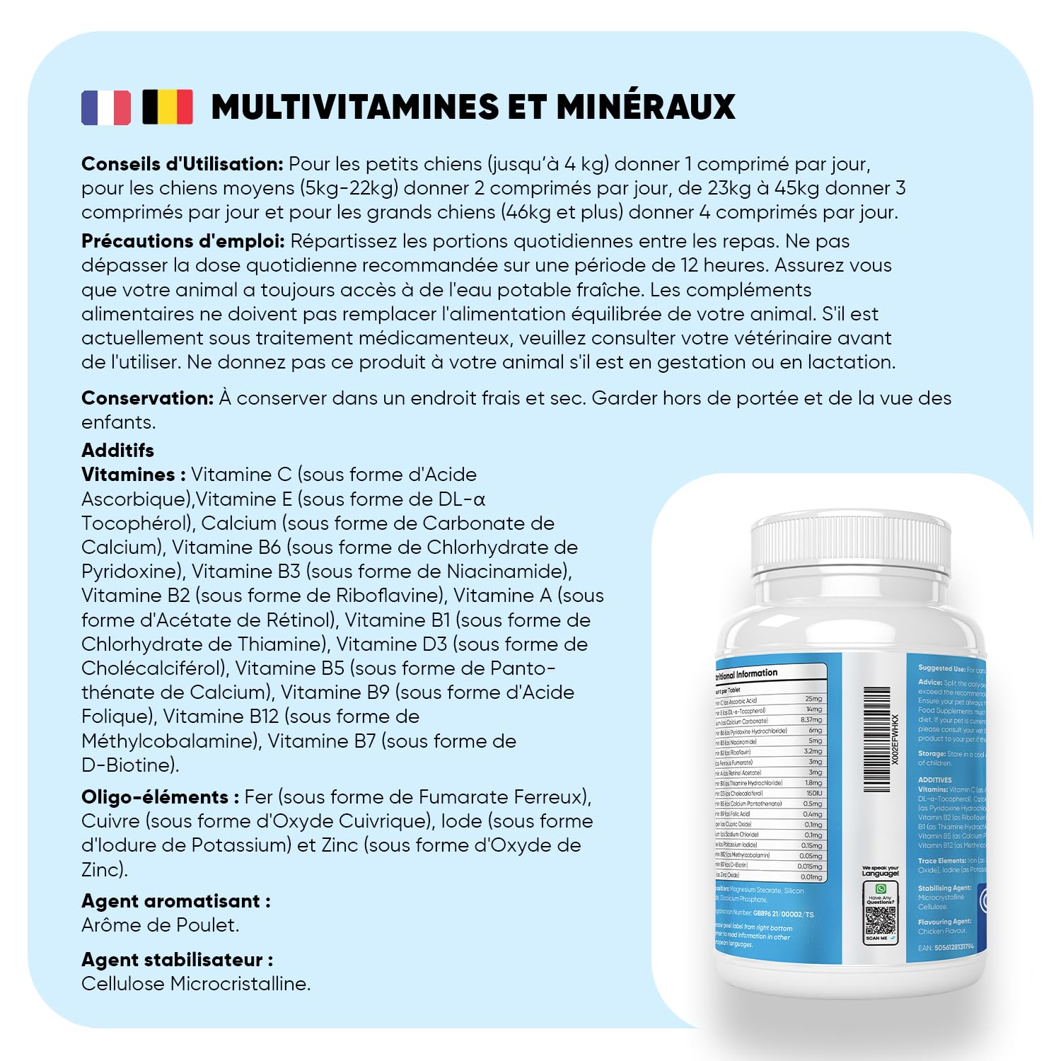 Multivitamines et Minéraux Chien 365 Comprimés - 12 Vitamine pour Chien avec 6 Minéraux, Goût Poulet - Vitamine C, D, B, A, E, Calcium, Fer, Zinc, Cuivre, Sodium, Iode - pour Toutes Tailles et Races