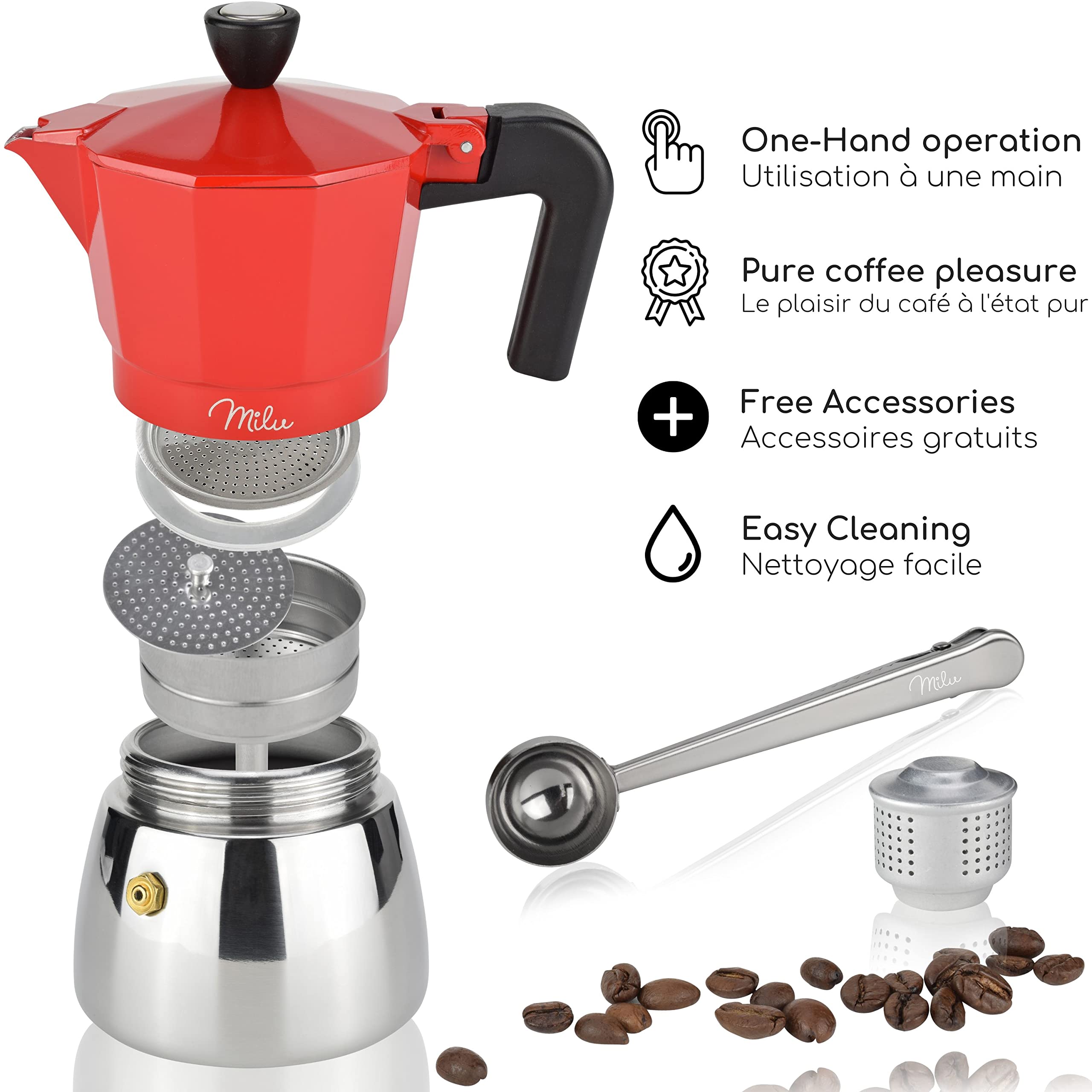 Milu cafetière Italienne Induction | 3, 6, 9 Tasses | Cafetière Moka en Aluminium, Espresso Maker, Ensemble comprenant un sous-verre, une cuillère, un pinceau (Noir, 3 tasses (150ml)