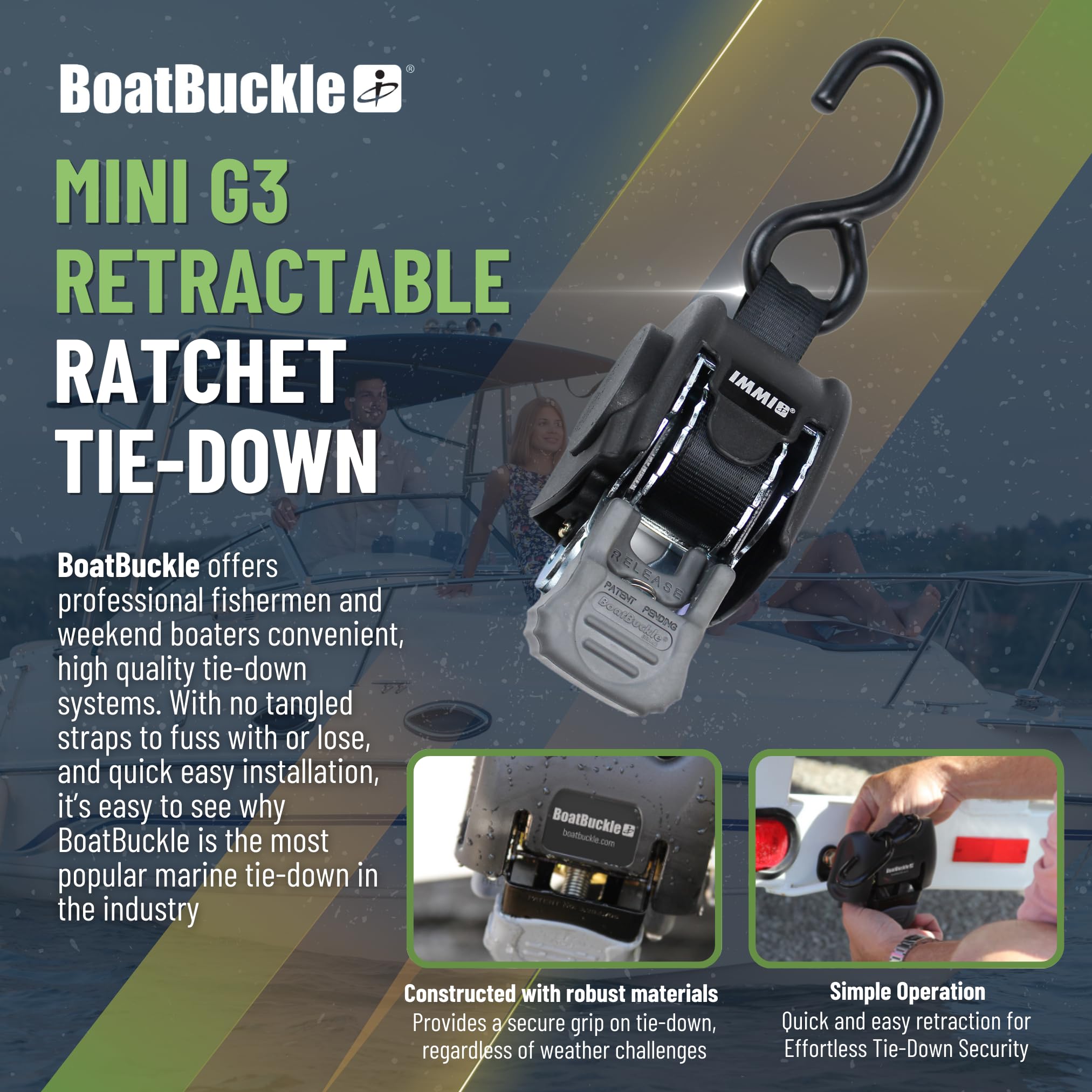 BoatBuckle Mini G3 Retractable Ratchet Straps - (1 x 72-Inch, 1400lbs Break Strength, 2-Pack) Bolt-On Boat Transom Tie Down Straps to Trailer, Fresh Water