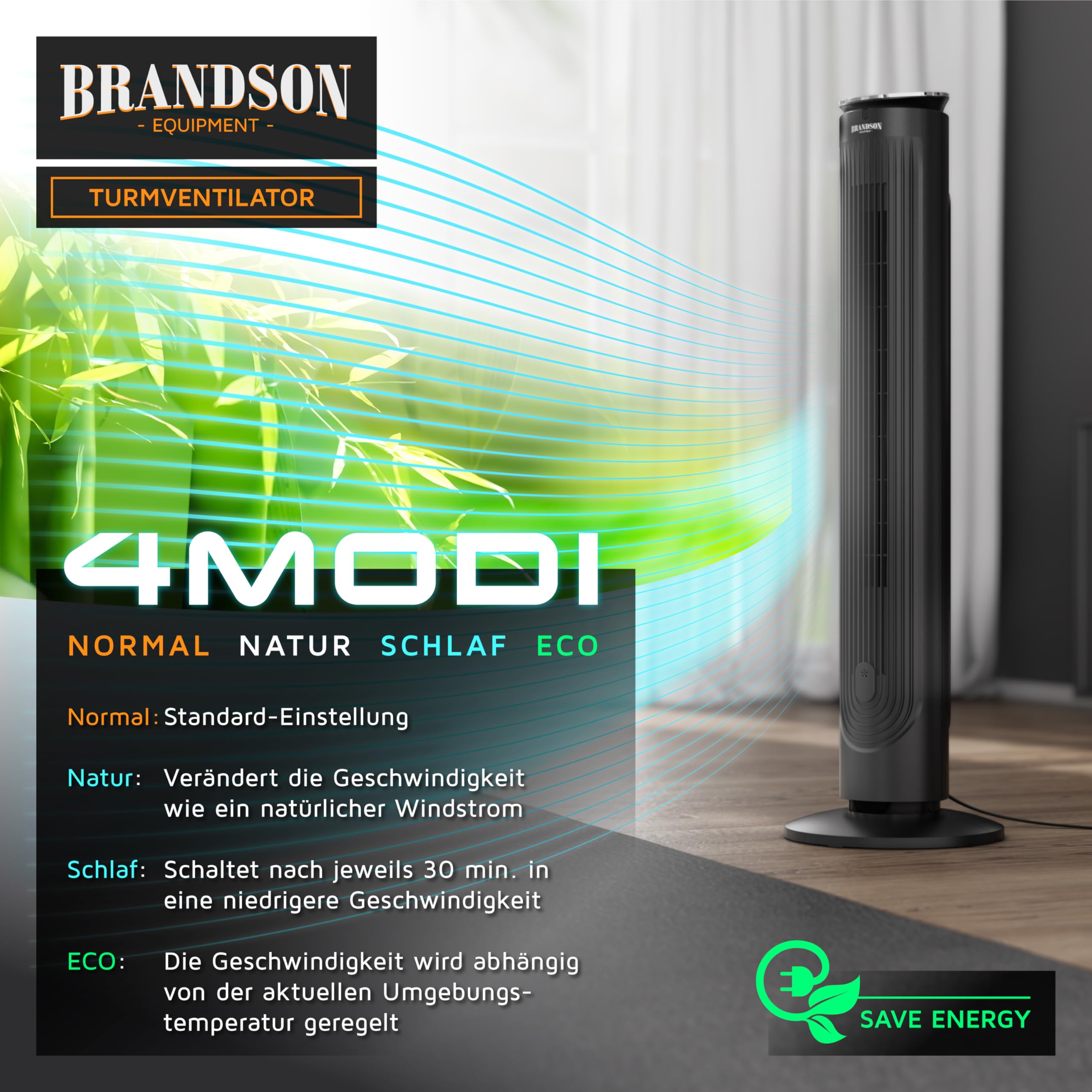 Brandson - Turmventilator mit Fernbedienung - Aromafach – sehr leise – Oszillation - Timer – 4 Modi – 5 Geschwindigkeitsstufen – LED Anzeige