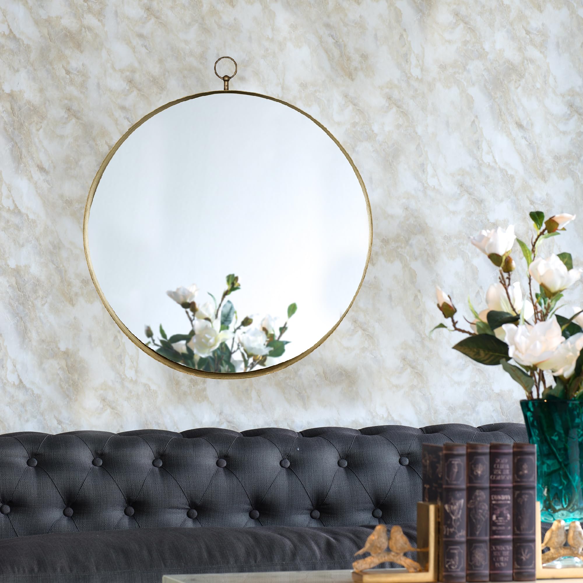 24"x28" Gold Round Mirror, Circle Mirror with Iron e for Living Room Bedroom Vanity Entryway Hallway