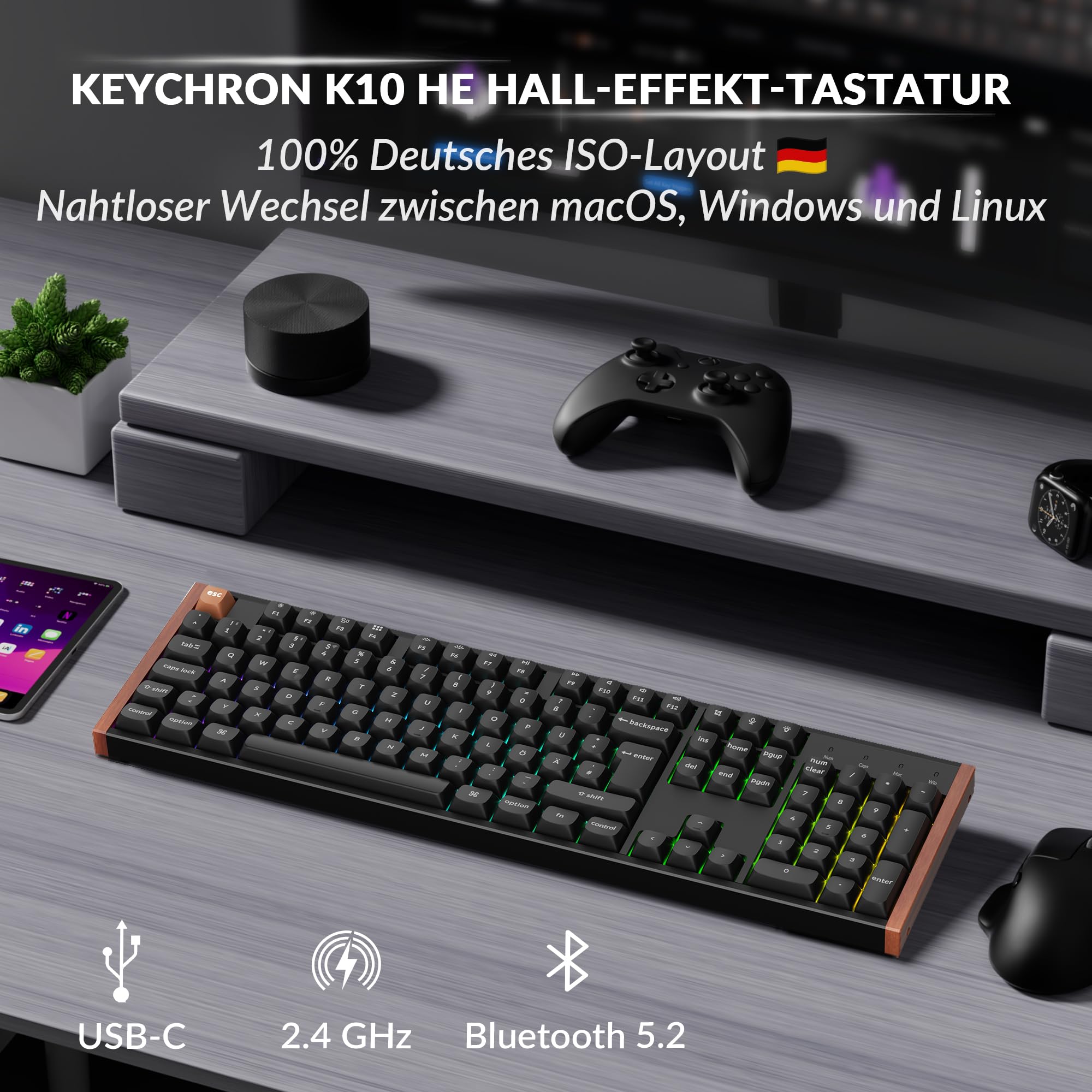 Keychron K10 HE kabellose Gaming-Tastatur, ISO-DE-Layout, Gateron Nebula Dual-Rail-Magnetschalter, programmierbar, Aluminium- und Holzrahmen, für Mac und Windows – Sonderedition (Schwarz)