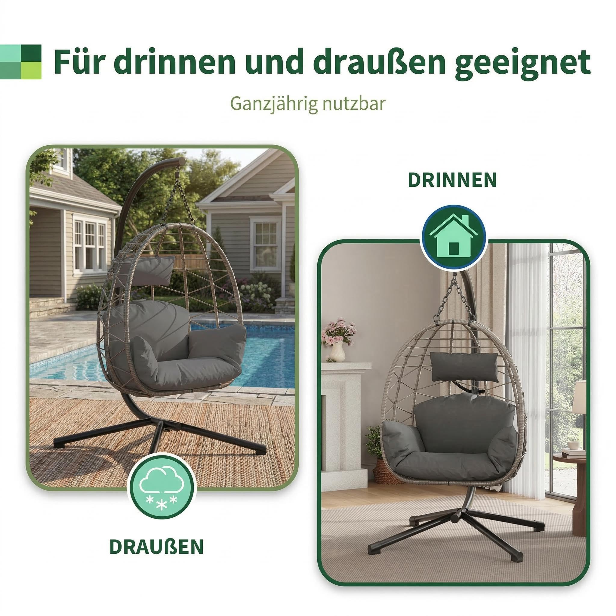 Faltbarer Hängesessel mit Gestell – Wetterfestes PE-Rattan, inkl. Staubschutzhaube & Kissen, ergonomisch & einfach zu montieren – Für Garten, Balkon, Terrasse – Belastbar bis 150kg – Graues