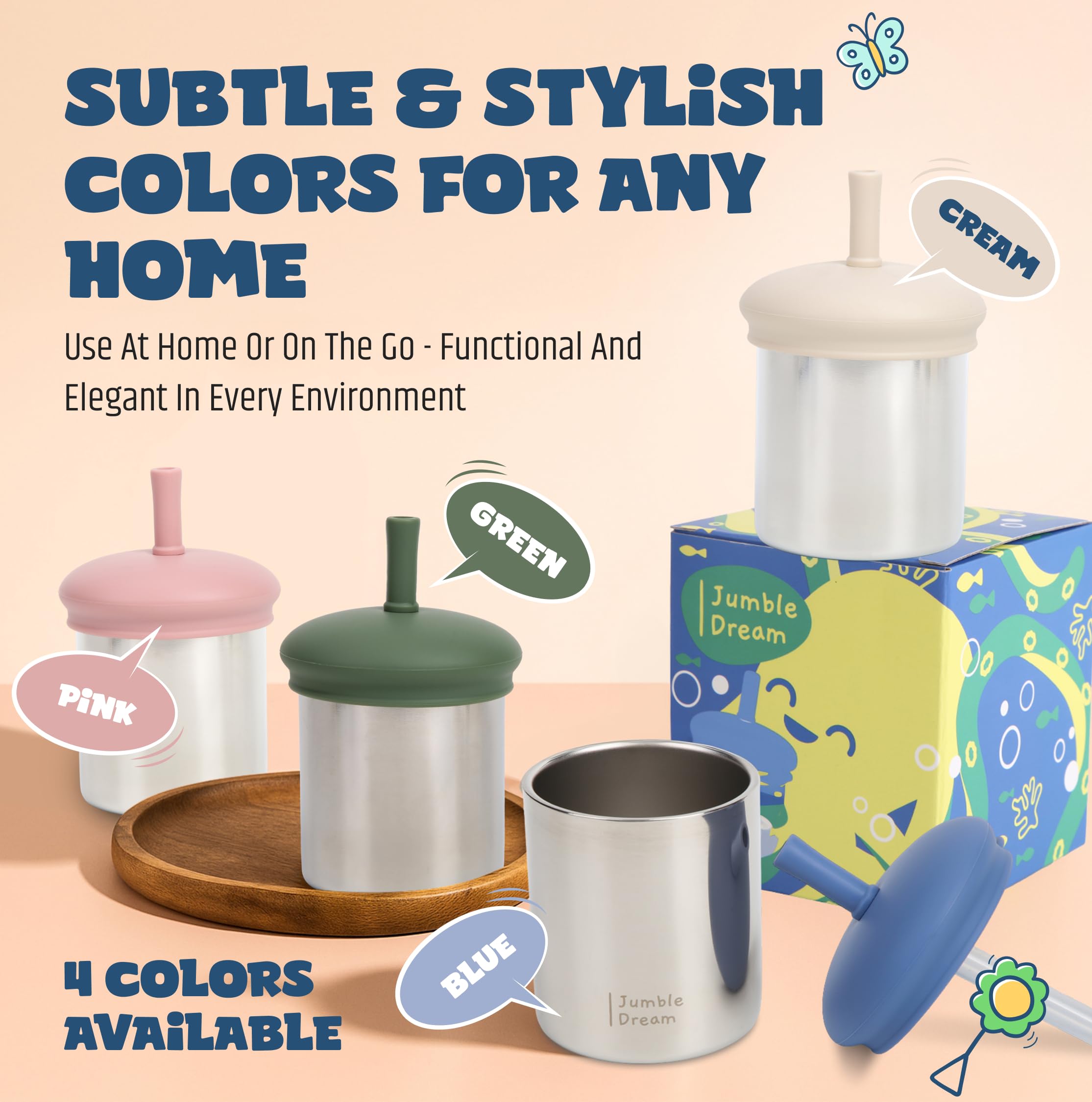 Jumble Dream Stainless Steel Toddler Straw Sippy Cup 210ml, Double Wall Insulated Spill Proof Open Cup and Straw - Image 3