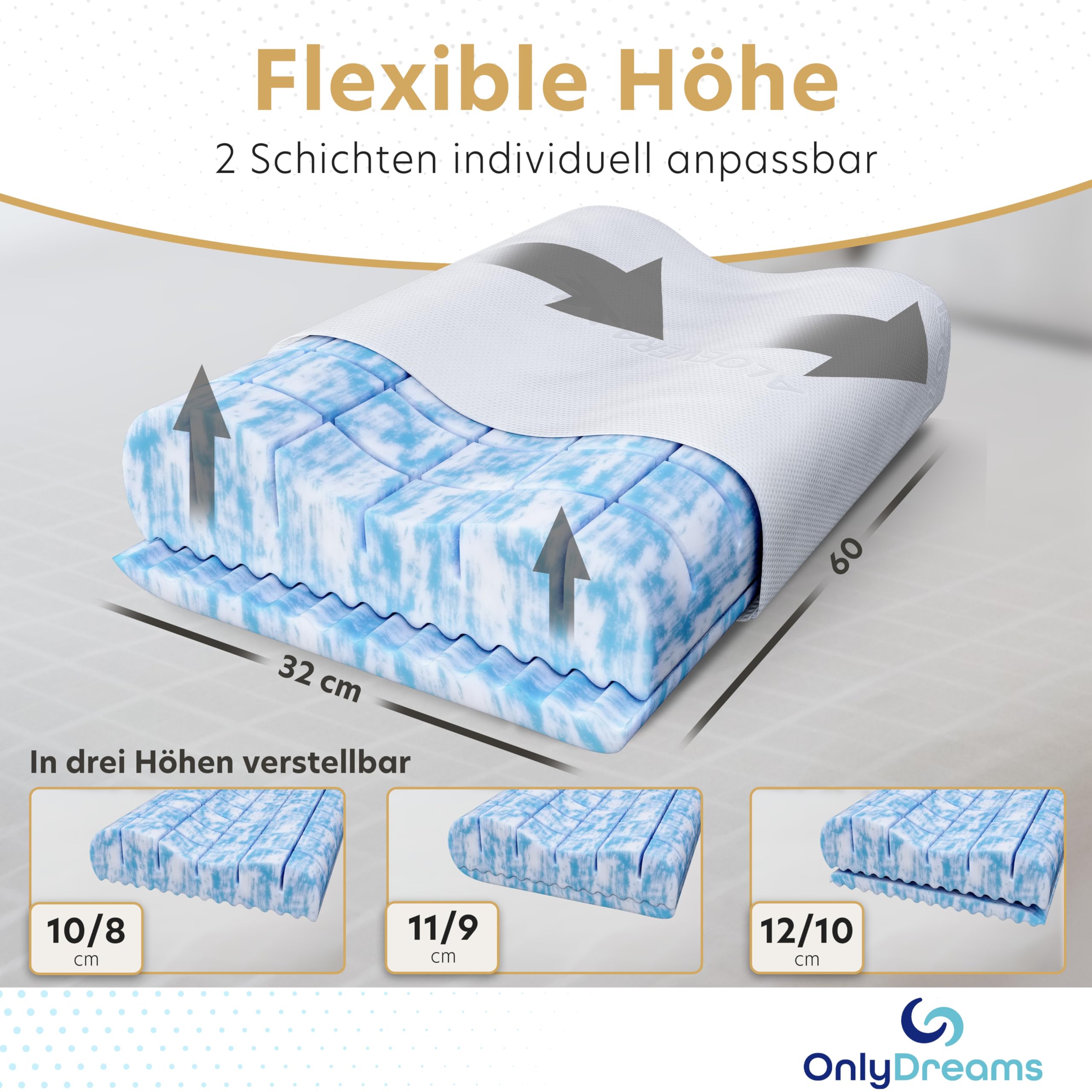 OnlyDreams - Ergonomisches Gelschaum Nackenstützkissen | Höhenverstellbar + Härte wählbar | Aloe Vera Bezug | Kopfkissen für Rücken-, Bauch- und Seitenschläfer - Oeko-TEX (Premium - Gelschaum)