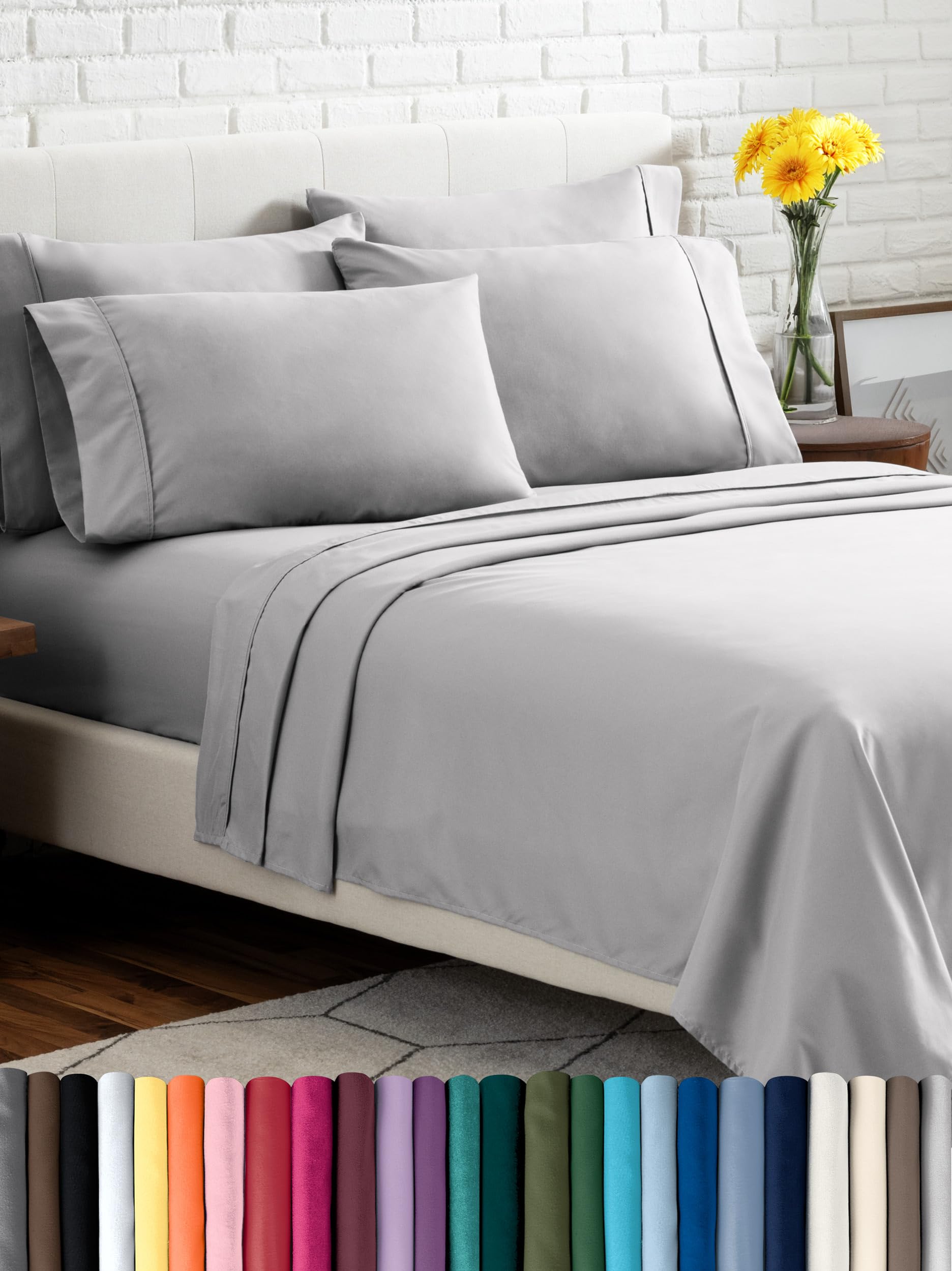 Bare Home Hotel Luxury Queen Sheet Set, Extra Soft - 6 Piece Set - Deep Pockets - Easy Fit - Cooling & Breathable - Wrinkle, Fade, Stain Resistant - Includes 4 Pillowcases (Queen, Light Grey)
