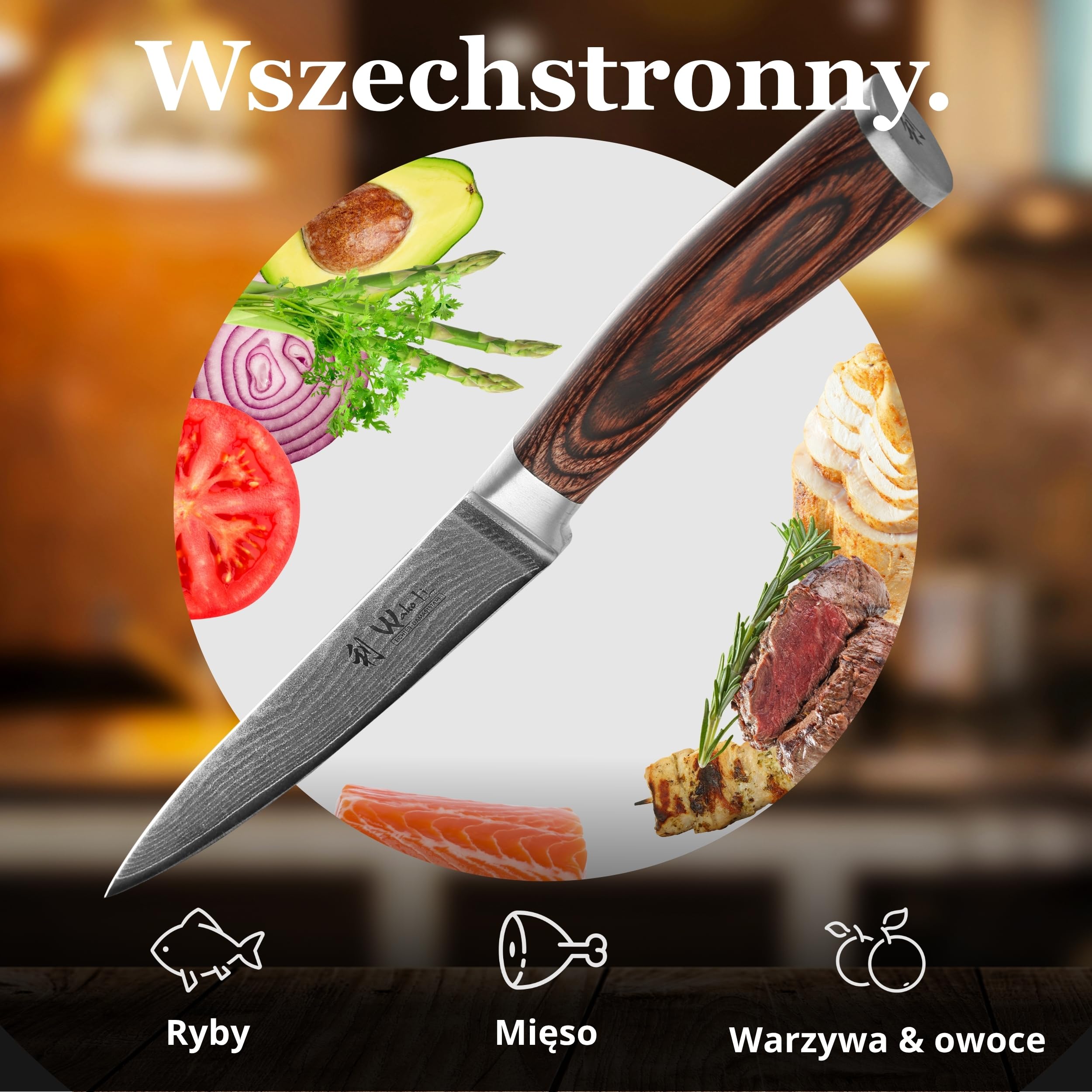 Wakoli EDIB nóż do mięsa i krojenia pieczeni ze stali damasceńskiej z rdzeniem VG10, ostrze 18 cm, ostry i precyzyjny, rękojeść z drewna Pakka, pudełko prezentowe, nóż kuchenny do porcjowania
