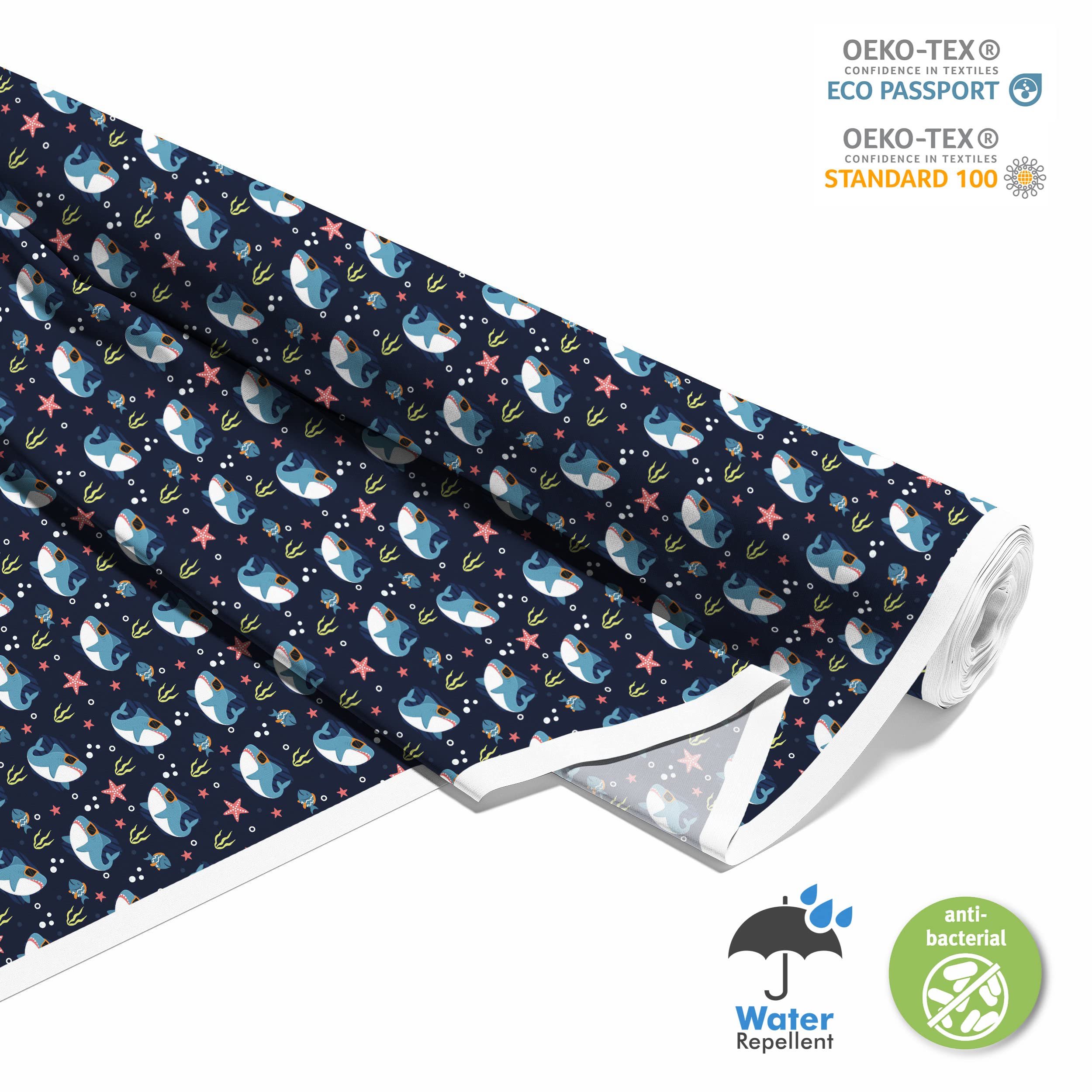 HEKO PANELS Oxford Wasserdichte Meterware Canvas-Stoff Polyester Zum Nähen Möbelstoffe Dekostoffe Handwerken Wasserabweisend Blickdicht Haifische 5 Meter 155 x 500 cm