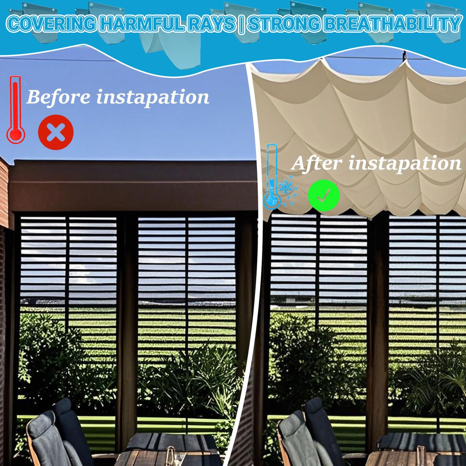 Ausziehbares Sonnensegel für Pergola, wasserdichtes Sonnendach mit 95 % UV-Schutz, Terrassenabdeckung, einfache Installation, windbeständig, 1,5 x 8 m