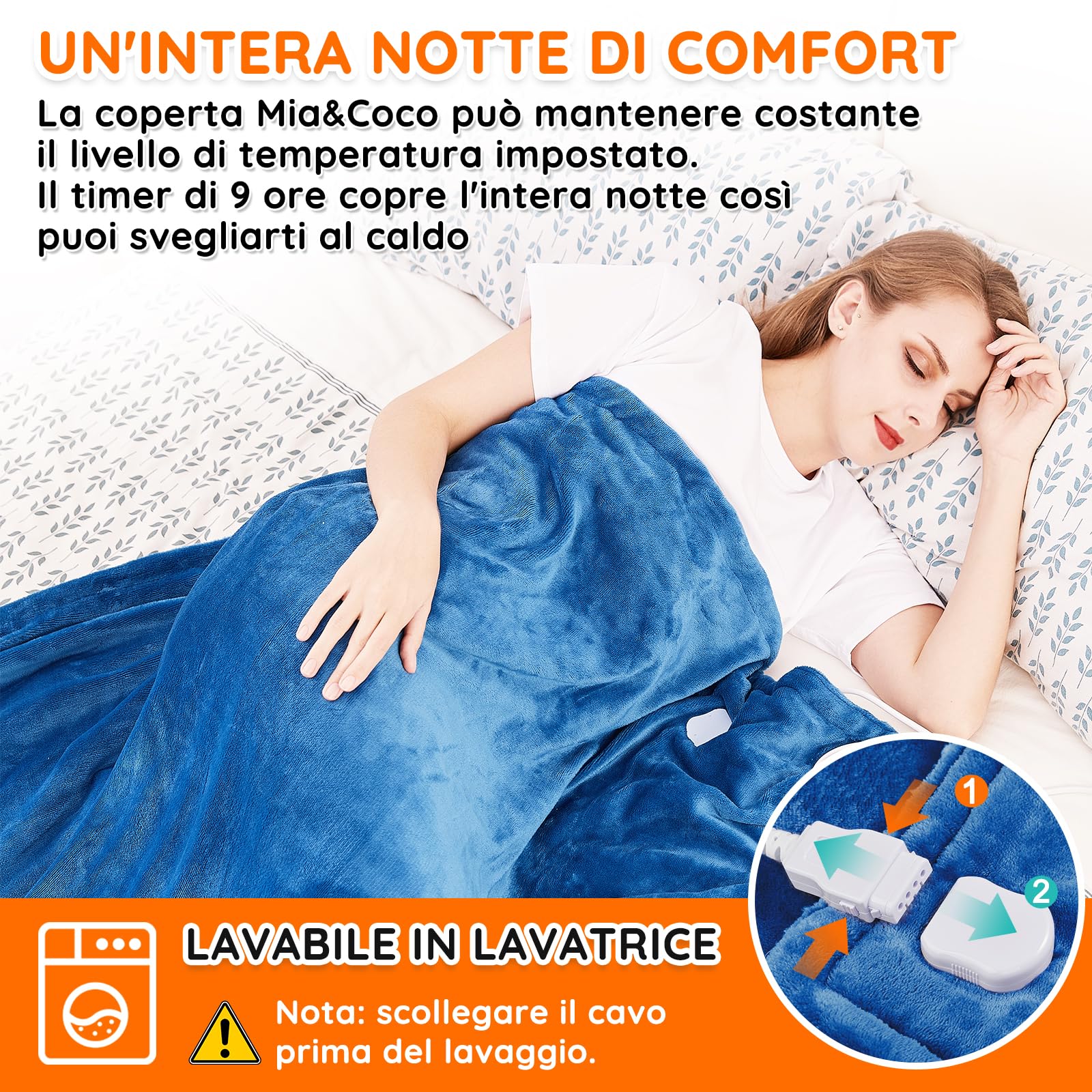 Mia&Coco Coperta Elettrica Termica Riscaldata Riscaldante con Telecomando Digitale, Flanella Sherpa 180x130 cm, 10 livelli e 1~9 ore di spegnimento automatico, Lavabile in Lavatrice, Blu