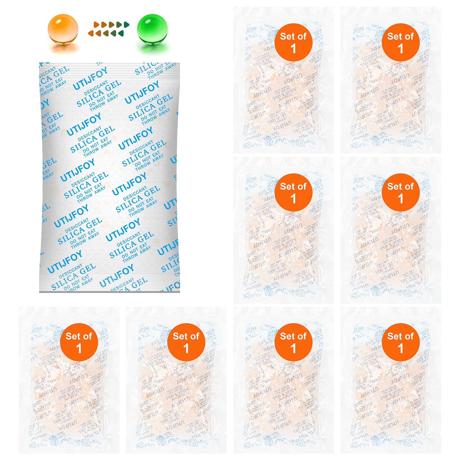100 Gramm [8 Packungen] Silicagel Beutel, [1er Set] einzeln vakuumierbare Silikat Beutel，wiederaufladbar & zweifarbig anzeigendes Silica Gel, Silikat Trockenmittel zur Feuchtigkeitsregulierung