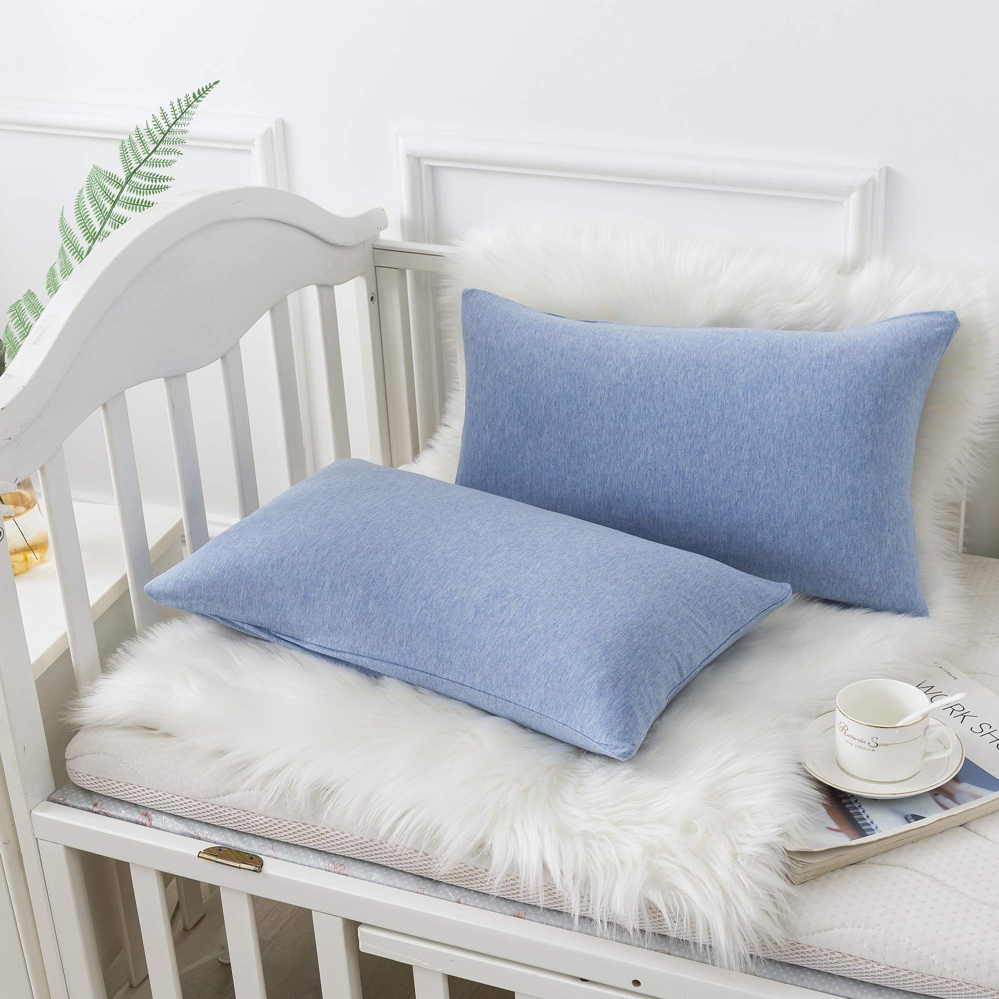 H HOUSEHOLD Fundas de almohada, 100 % algodón jersey, suaves y acogedoras, resistentes a las arrugas y a las manchas, con cierre de sobre (color beige y azul, tamaño infantil (13 x 18 pulgadas)