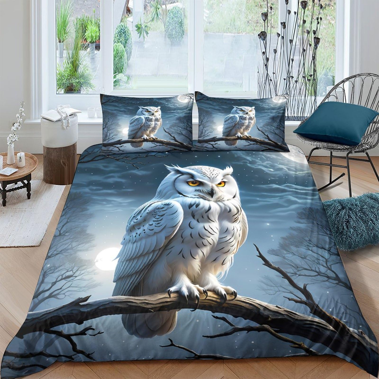 Ctjqhvkz Style-6 3D Printed White Owl Fitted Sheet Microfiber Soft Bed Cover Moonlit Forest Mattress Protector For Bedroom Dorm Decor Single（135X200cm）