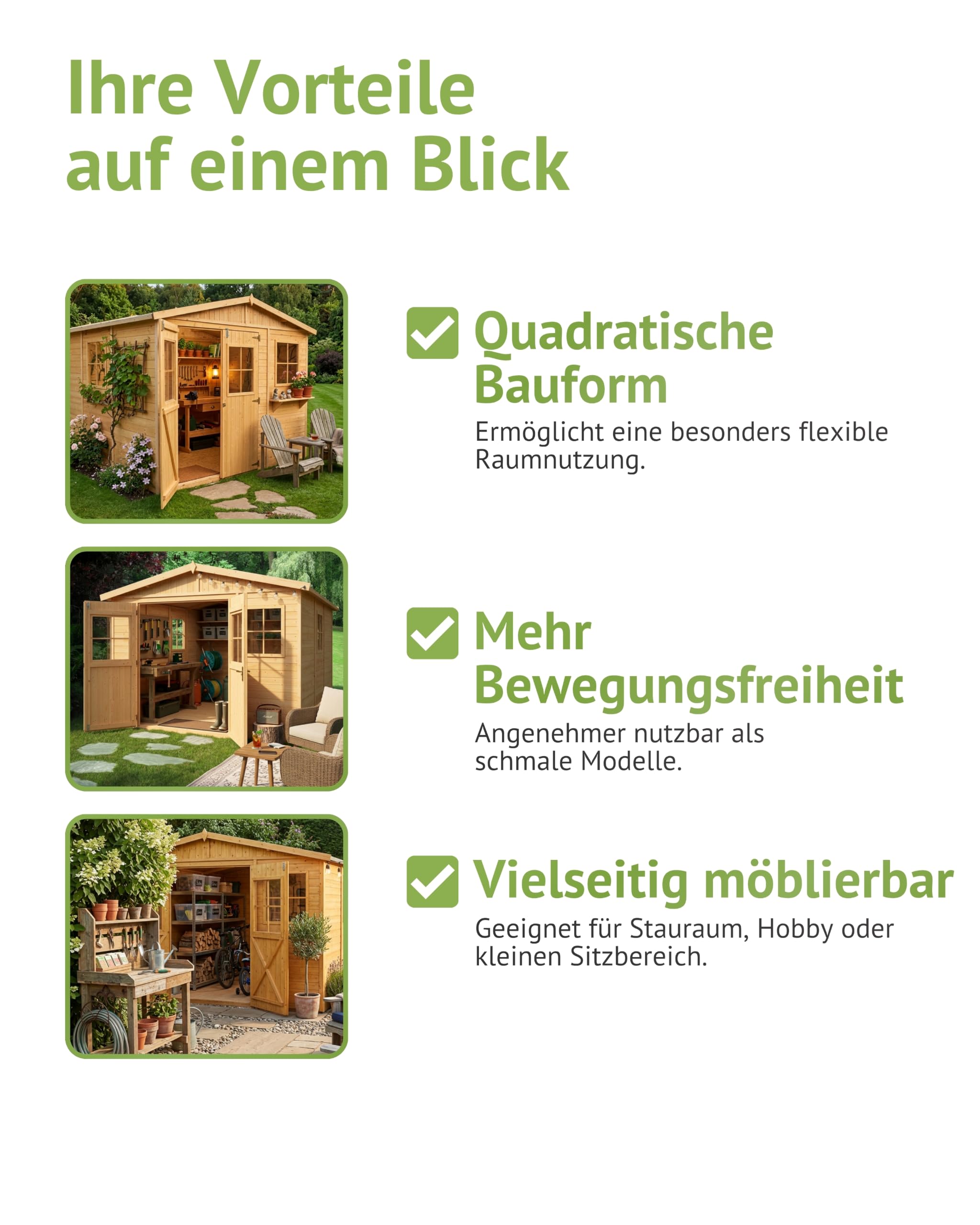 Steiner Shopping Gartenhaus Mainau 300x300 cm aus Holz I Vorgefertigtes Elementhaus mit Satteldach & Dachpappe I Geräumiger Geräteschuppen für Gartengeräte & Fahrräder I Robuste Gartenhütte