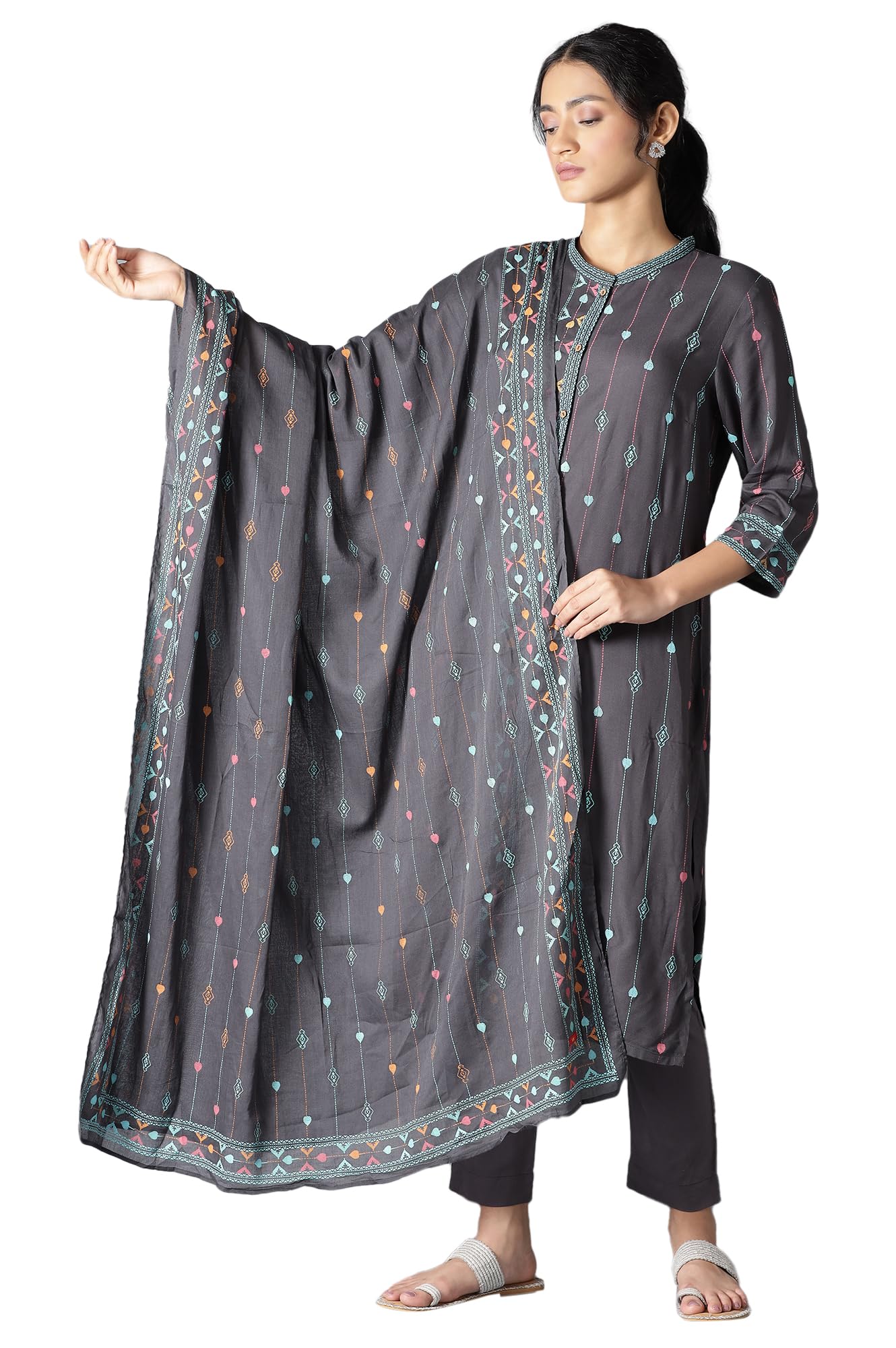 w for woman Women Grey Printed Cotton Dupatta, Free Size-picture-10