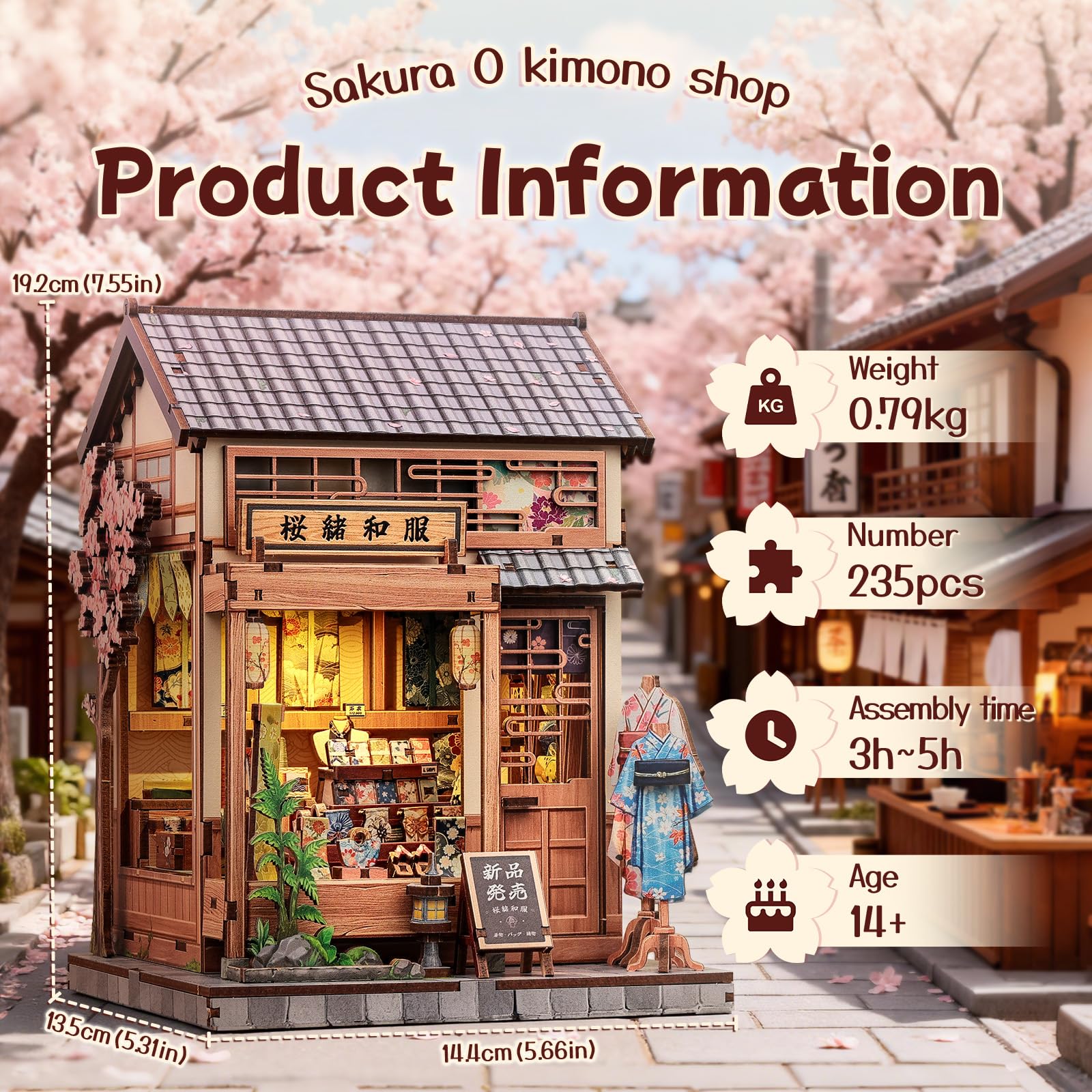 Fsolis Kit de rincón de libros, casa de muñecas japonesa en miniatura, kit de manualidades de madera 3D para adultos, decoración de estanterías, regalo (Sakura O kimono Shop)