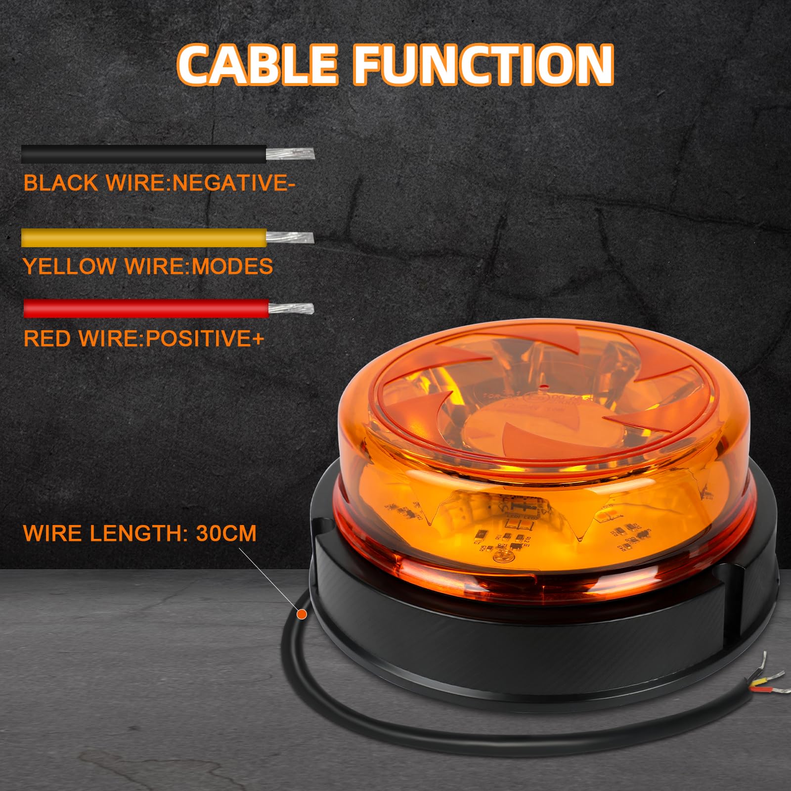 Luce LED stroboscopica lampeggiante, 6 Funzioni Flash Rotazione 12V/24V lampeggiante trattore con 30cm Cavo, arancione per Trattore Camion Auto E-MARK E9 -Montaggio a vite