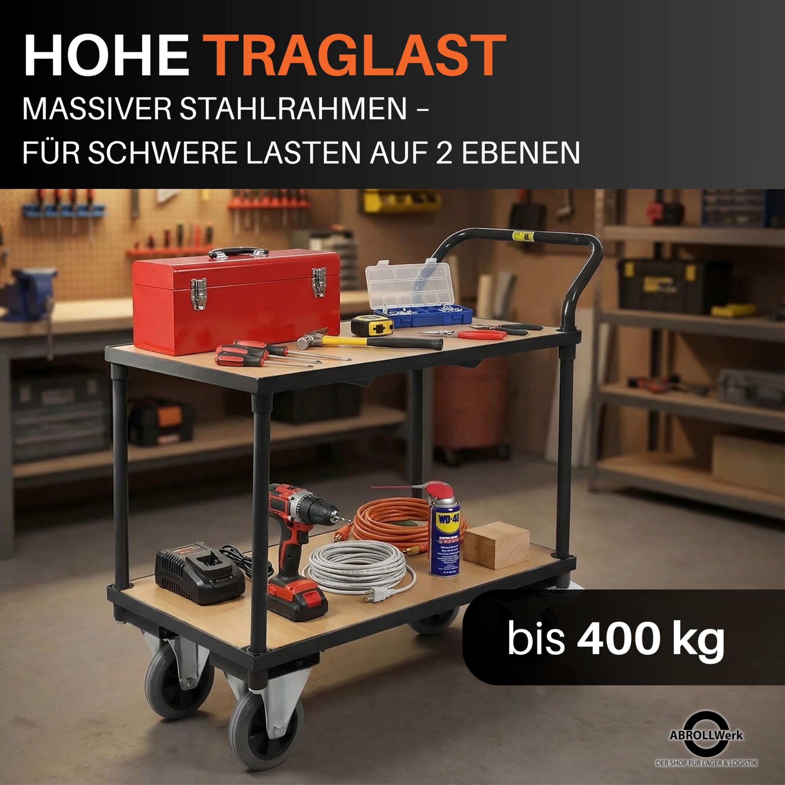 Etagenwagen schwarz 400 kg Traglast – Rollwagen mit 2 Ebenen & Vollgummireifen – Plattformwagen Stahl 95x50x97 cm – Robuster Werkstattwagen Kommissionierwagen Tischwagen (1, schwarz)