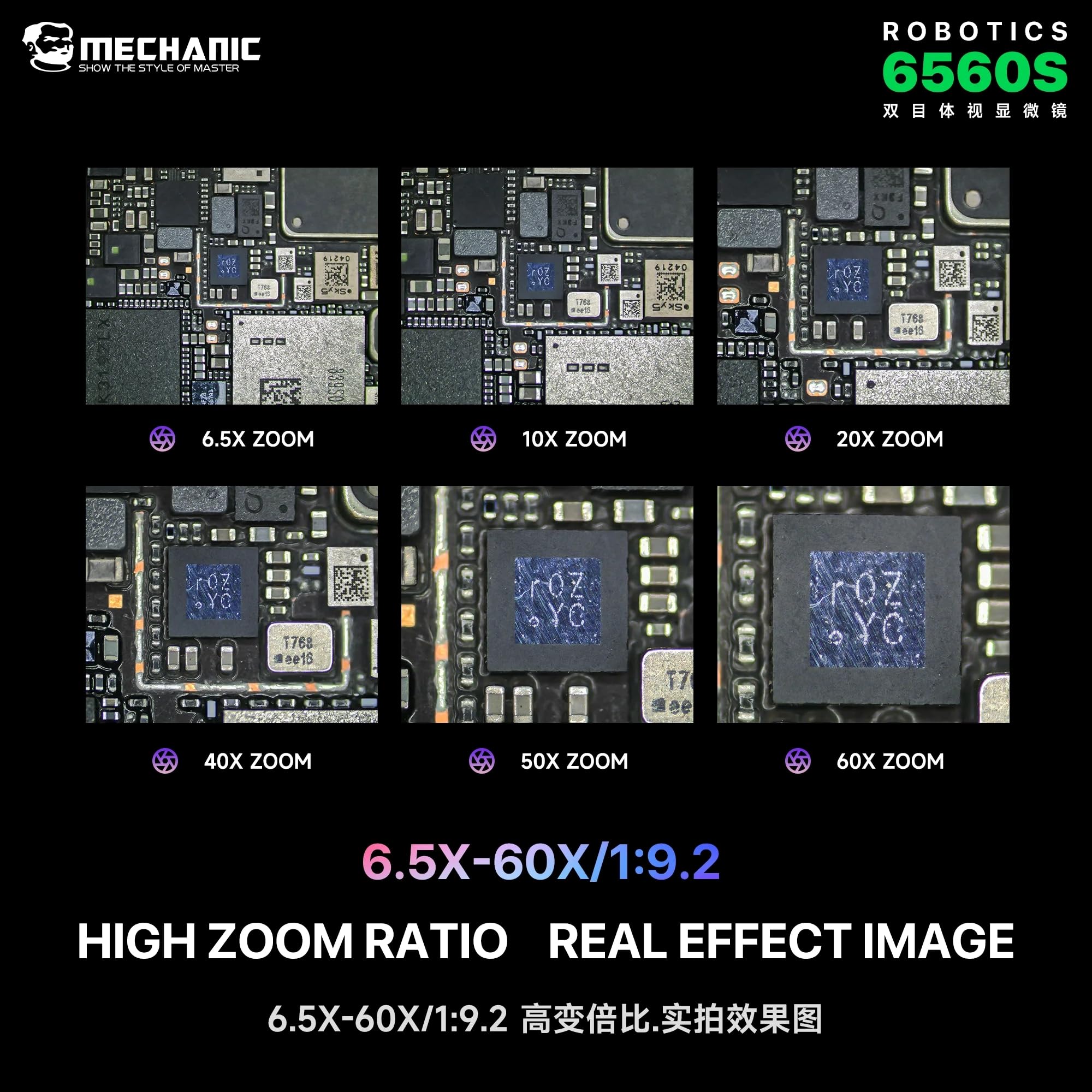 MECHANIC OFICIAL Microscopio estereoscópico binocular industrial para robótica 6560S-B11 con zoom continuo adecuado para reparación de tarjetas PCB y móviles