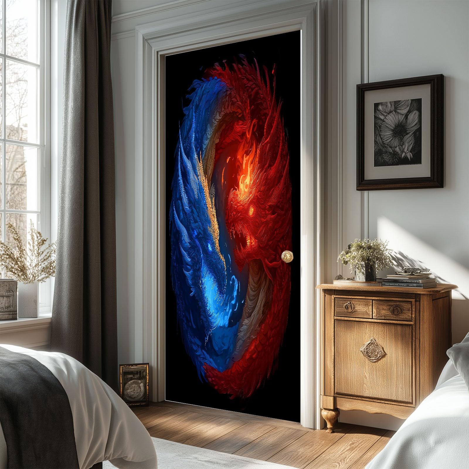 Naklejka 3D na drzwi 90 x 200 cm (szer. x wys.), tapeta na drzwi, obraz ścienny, Yin Yang, symbol smoka zwierzęcego, samoprzylepna, PCW, wodoodporna na drzwi, plakat na drzwi, fantastyczny styl