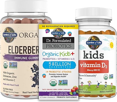 Garden of Life Paquete de apoyo inmunológico: Echinacea de bayas de saúco, 120 gomitas de zinc + probióticos formulados por Dr. para niños, bayas y