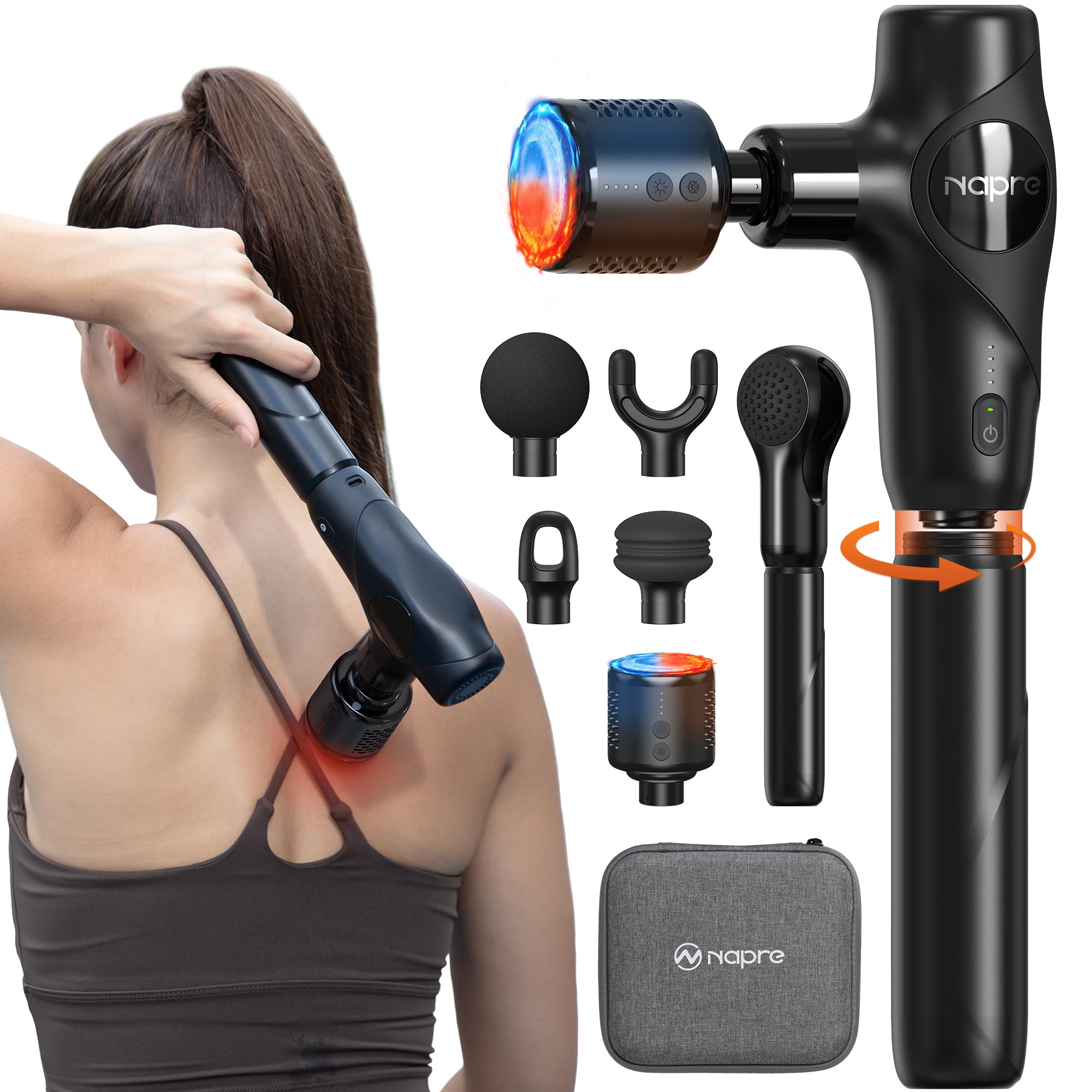Massagepistole mit Wärme und Kälte,NAPRE 3-in-1 Mini Massage Gun Massage Pistole mit Abnehmbar Verlängerung,Muskel Percussion Massagegerät für Rücken Nacken Körper,Ultra-Leise & Klein,5 Köpfe & Koffer