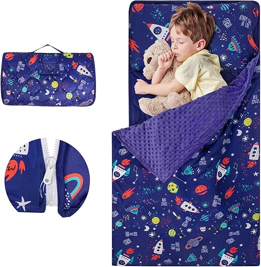 YCDTMY Nap Mat with Pillow 55‘’*29‘’ for 2-7 Years, Cotton Toddler Sleeping Bag with Removable Minky Blanket, Daycare Nap Mats for Preschool Kindergarten, Sleeping mat Slumber Bag Blue Space
